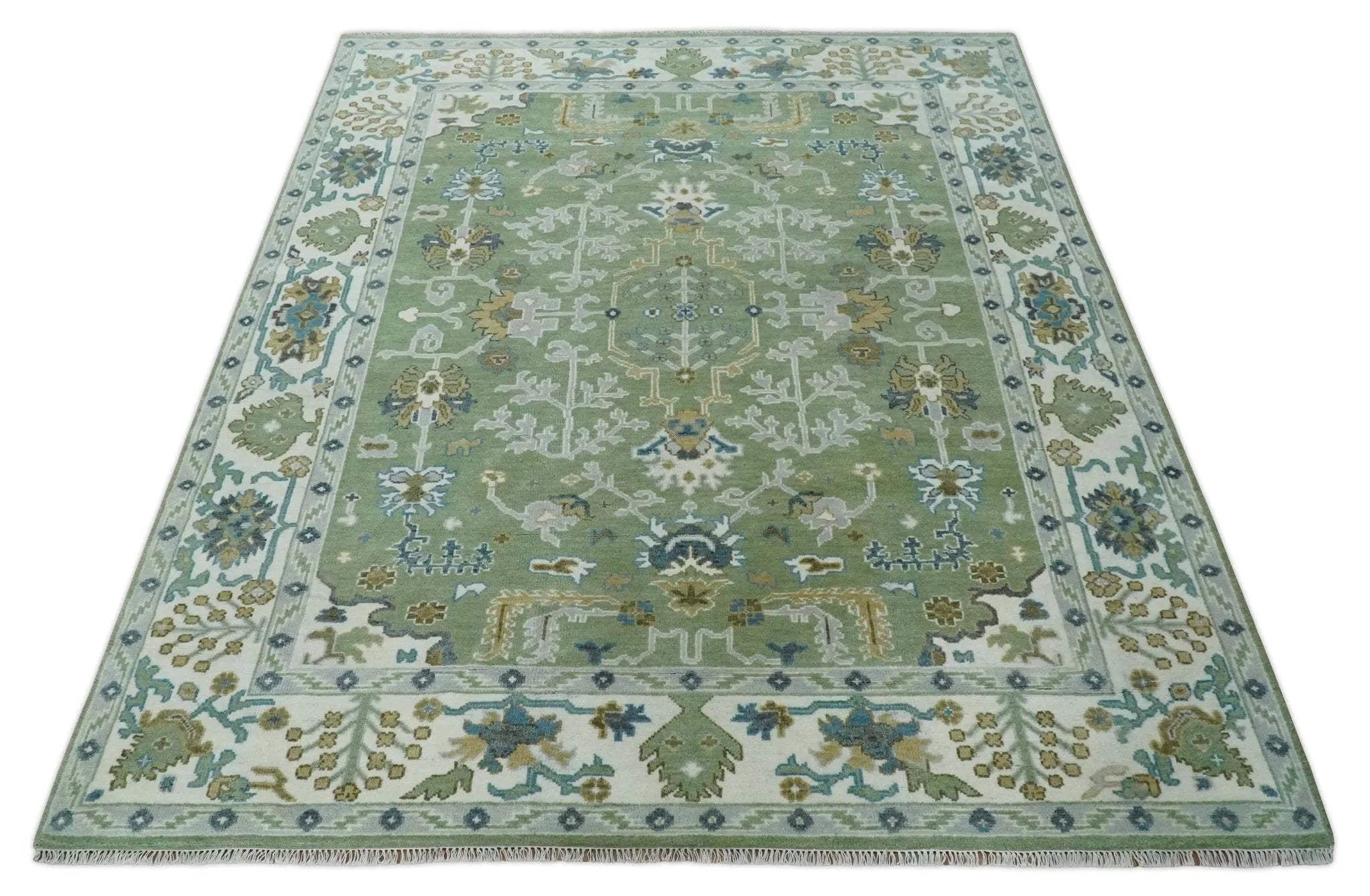 Custom Made Green, Ivory and Silver Traditional Turkish Hand Knotted Wool Rug