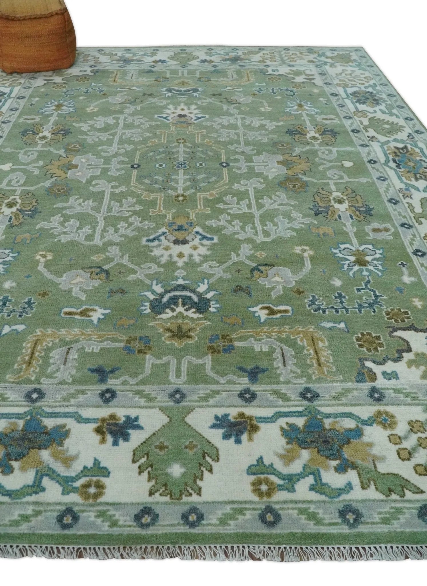 Custom Made Green, Ivory and Silver Traditional Turkish Hand Knotted Wool Rug