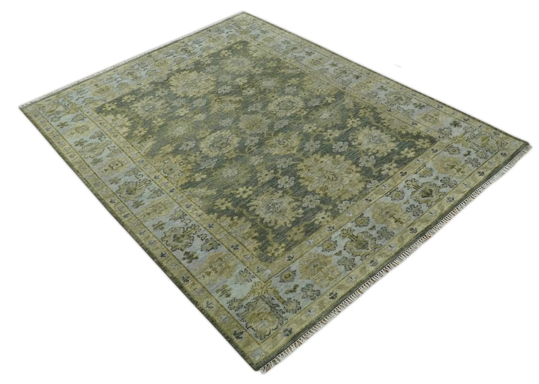 Custom Made Green, Silver and Olive Hand knotted Traditional Oushak Wool Area Rug