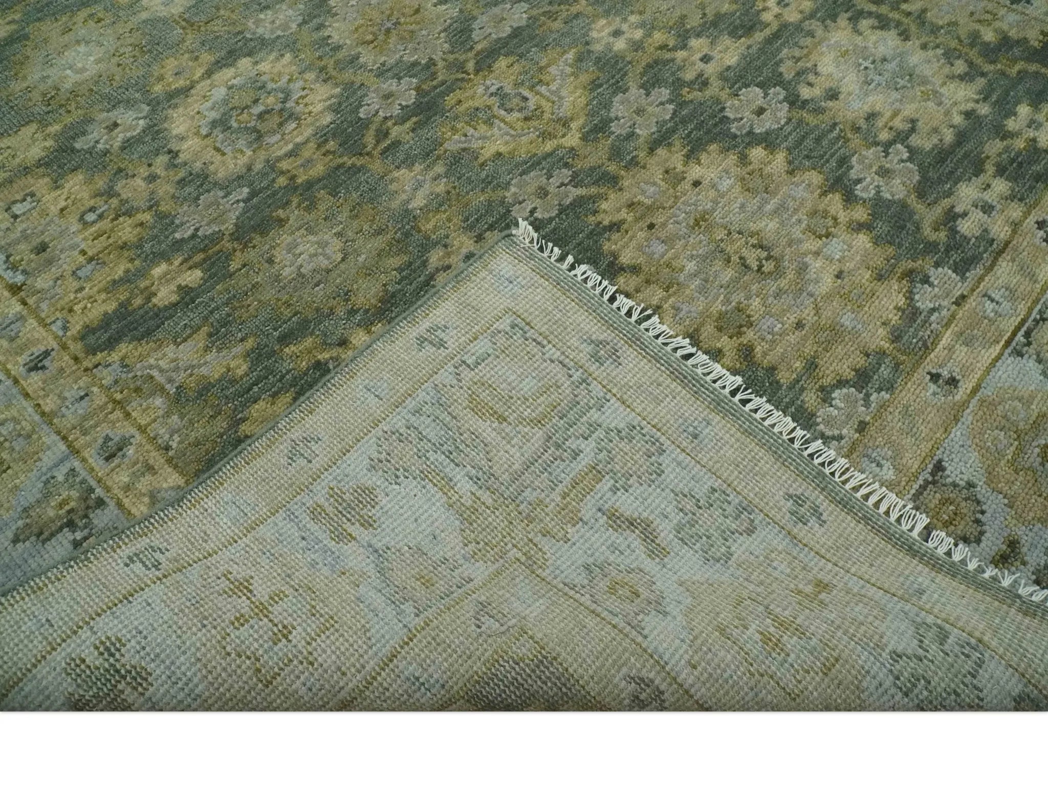 Custom Made Green, Silver and Olive Hand knotted Traditional Oushak Wool Area Rug