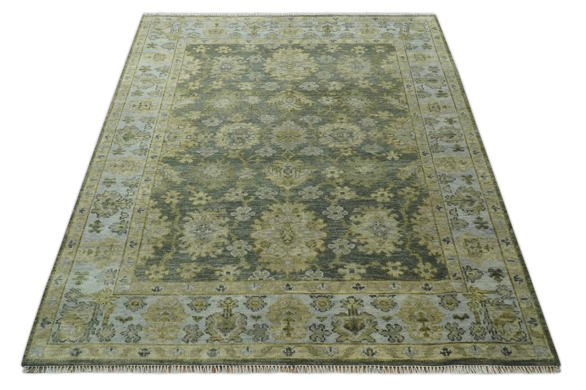 Custom Made Green, Silver and Olive Hand knotted Traditional Oushak Wool Area Rug