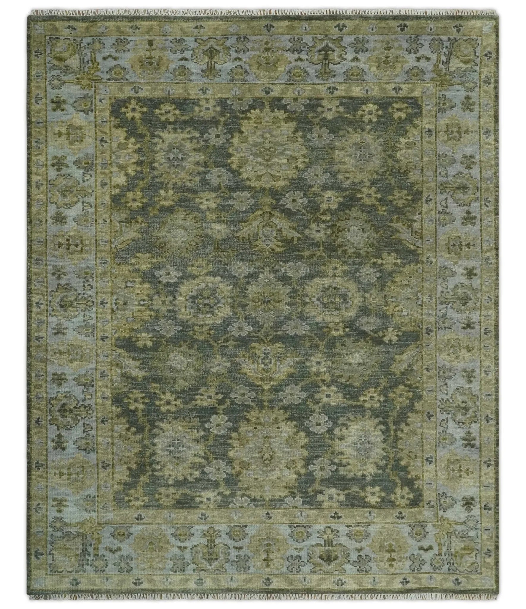 Custom Made Green, Silver and Olive Hand knotted Traditional Oushak Wool Area Rug