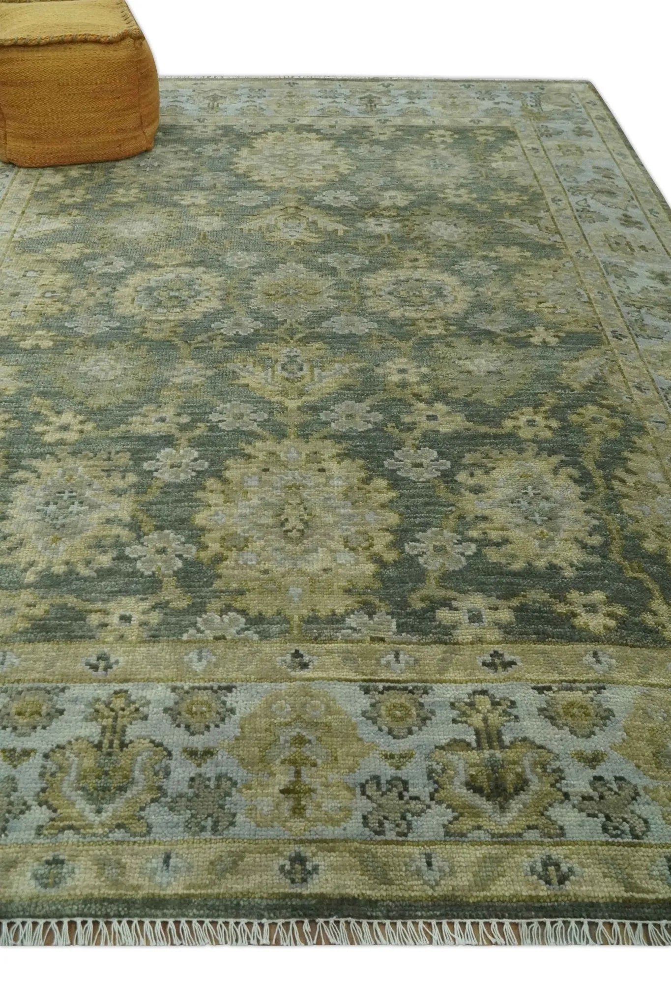 Custom Made Green, Silver and Olive Hand knotted Traditional Oushak Wool Area Rug