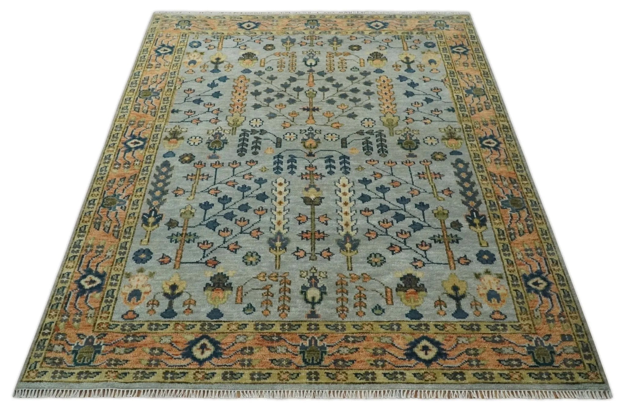 Custom Made Hand Knotted Living Room and Bedroom Rug Rust and Silver Traditional Turkish Style Wool Rug