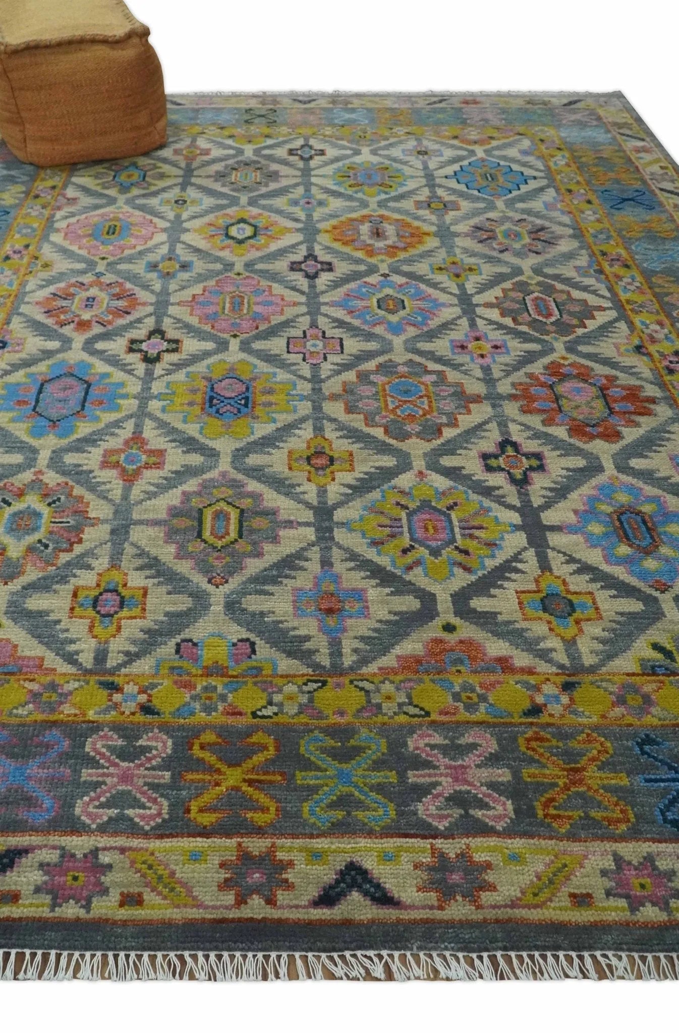 Custom Made Hand Knotted Beige, Gray and Mustard Oriental Multi Size Wool Area Rug