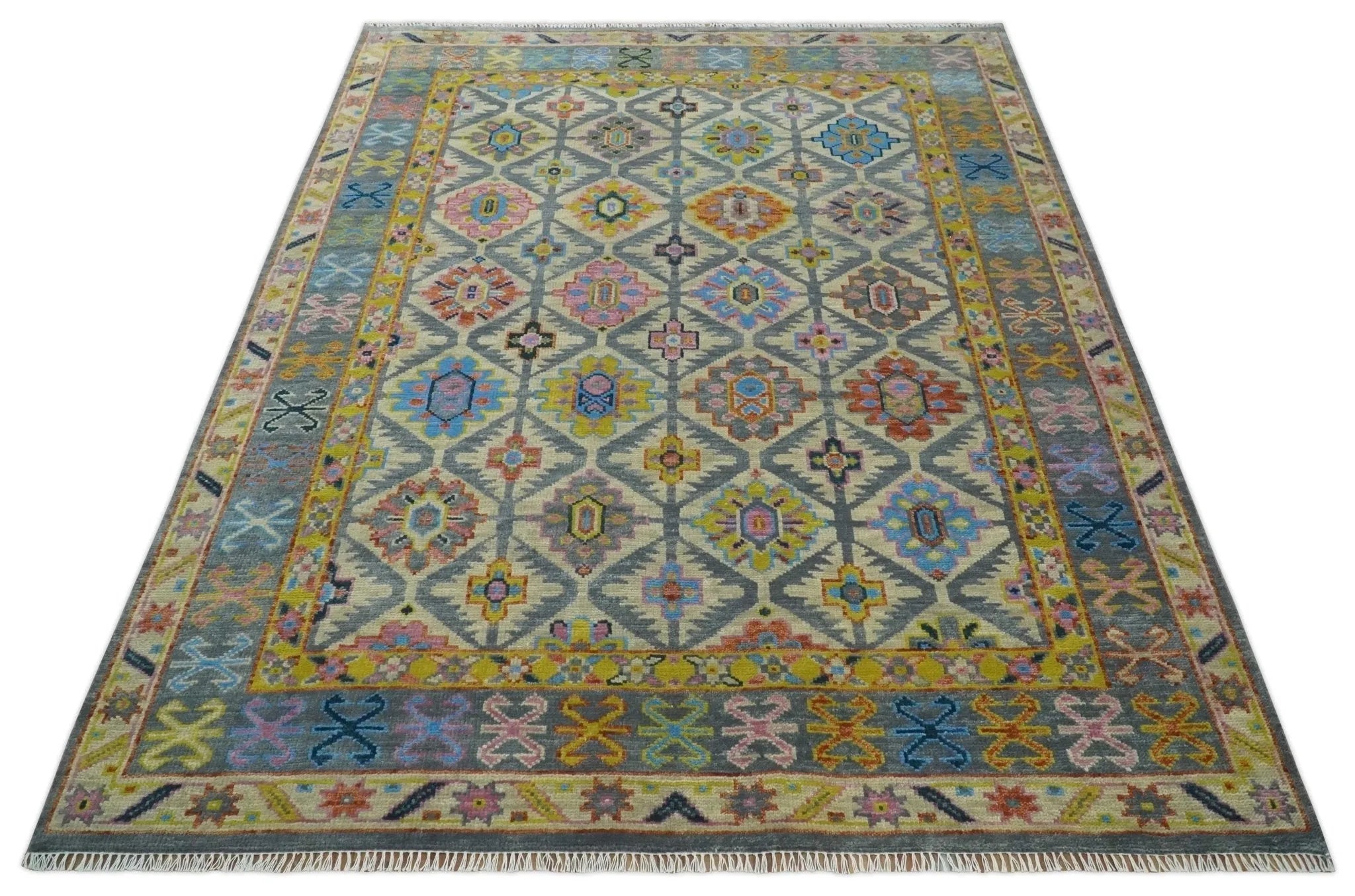 Custom Made Hand Knotted Beige, Gray and Mustard Oriental Multi Size Wool Area Rug