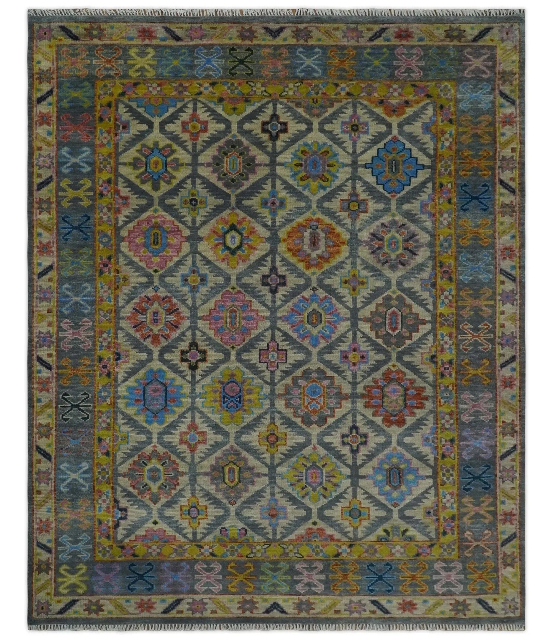 Custom Made Hand Knotted Beige, Gray and Mustard Oriental Multi Size Wool Area Rug