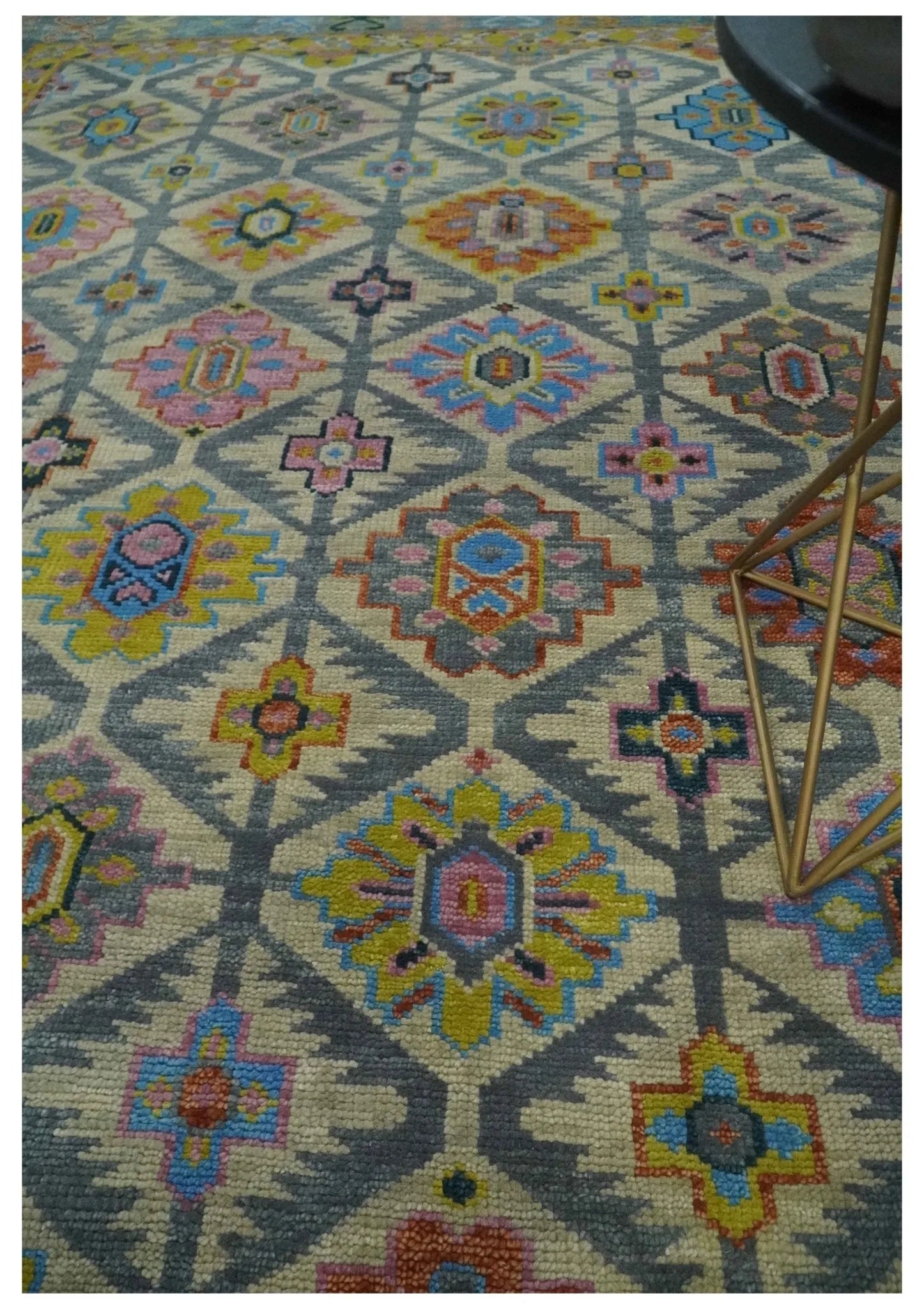 Custom Made Hand Knotted Beige, Gray and Mustard Oriental Multi Size Wool Area Rug