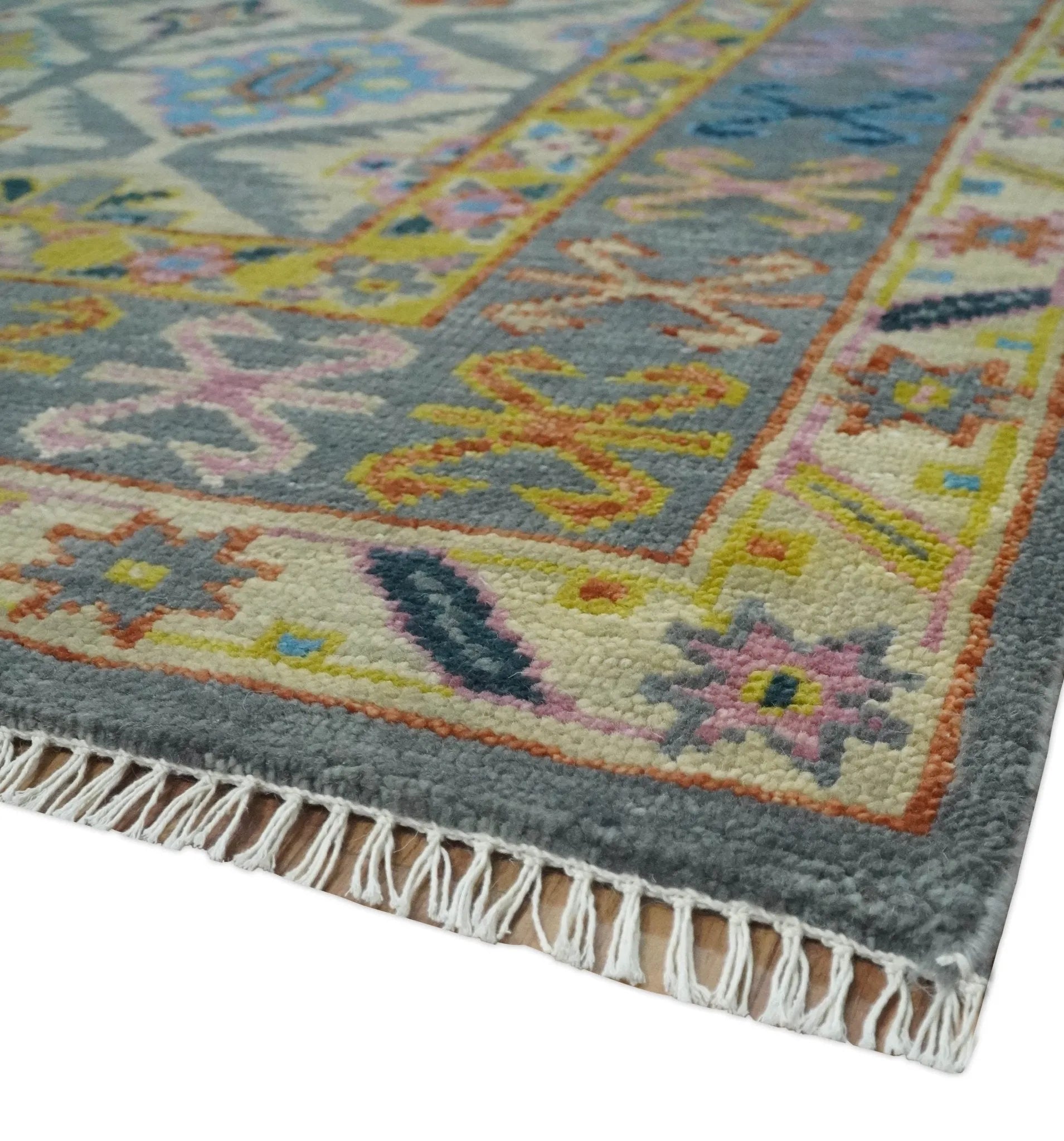 Custom Made Hand Knotted Beige, Gray and Mustard Oriental Multi Size Wool Area Rug