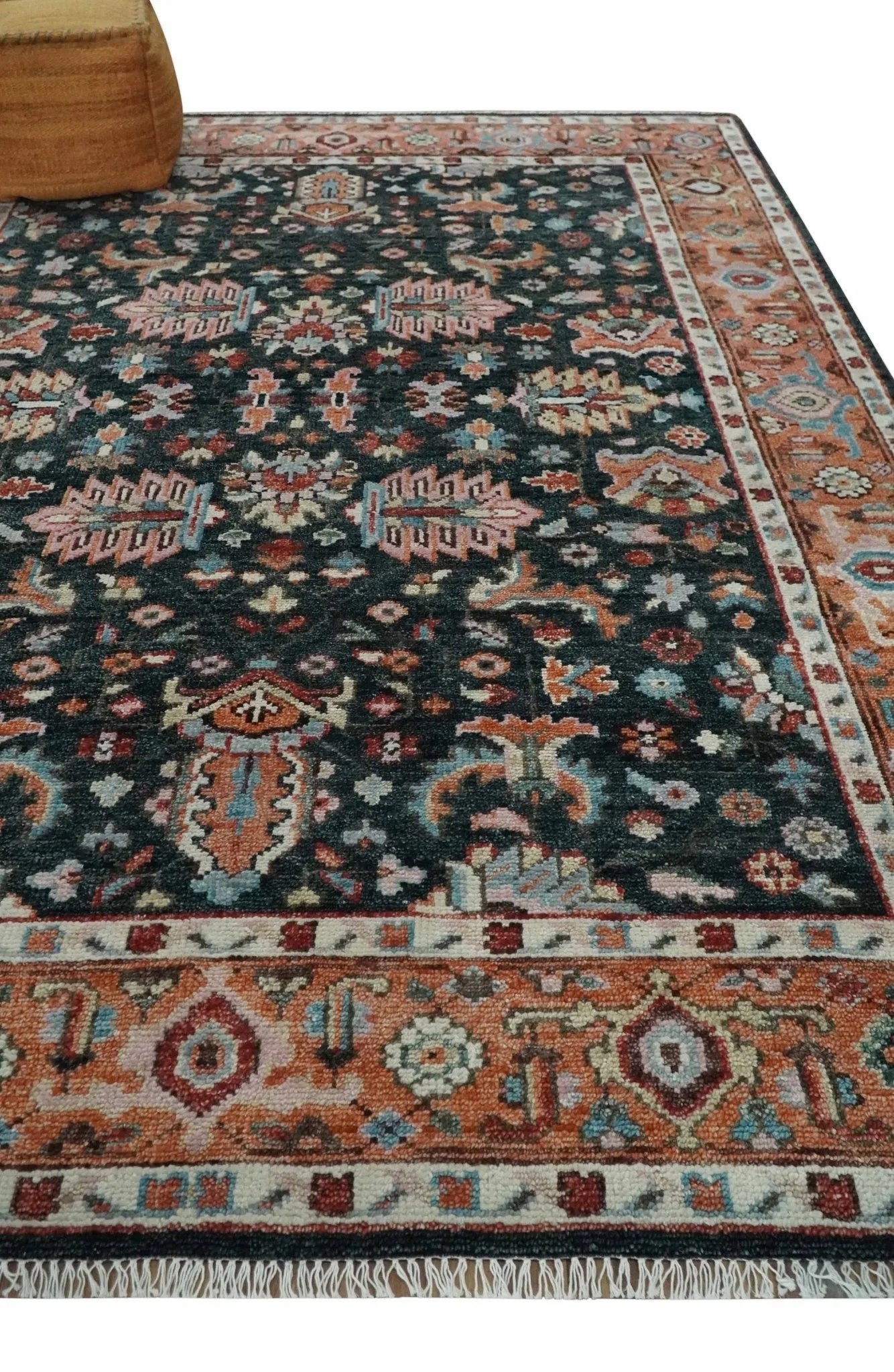 Custom Made Hand Knotted Black and Rust Traditional Oushak Wool Area Rug