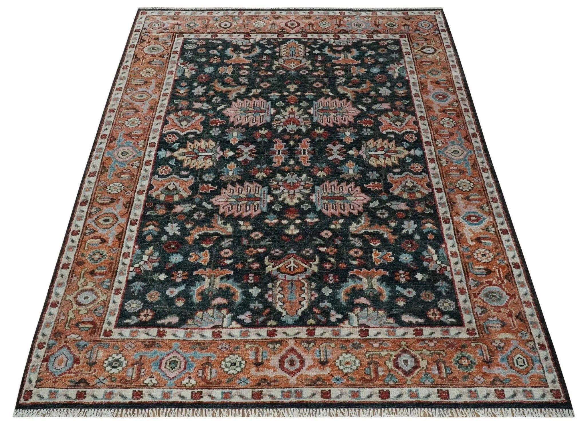 Custom Made Hand Knotted Black and Rust Traditional Oushak Wool Area Rug