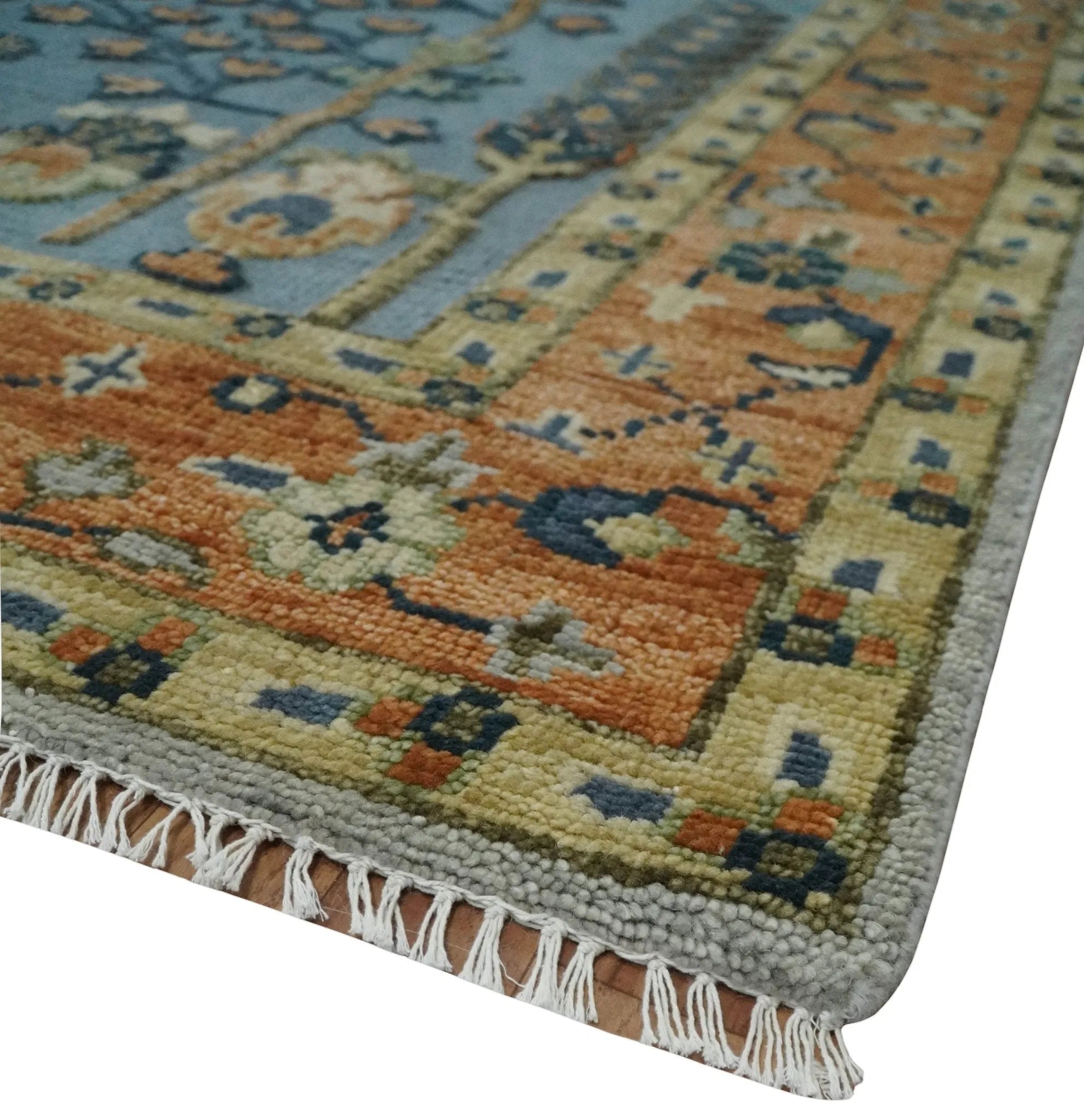 Custom Made Hand Knotted Blue and Rust Tree Design Low pile Wool Area Rug