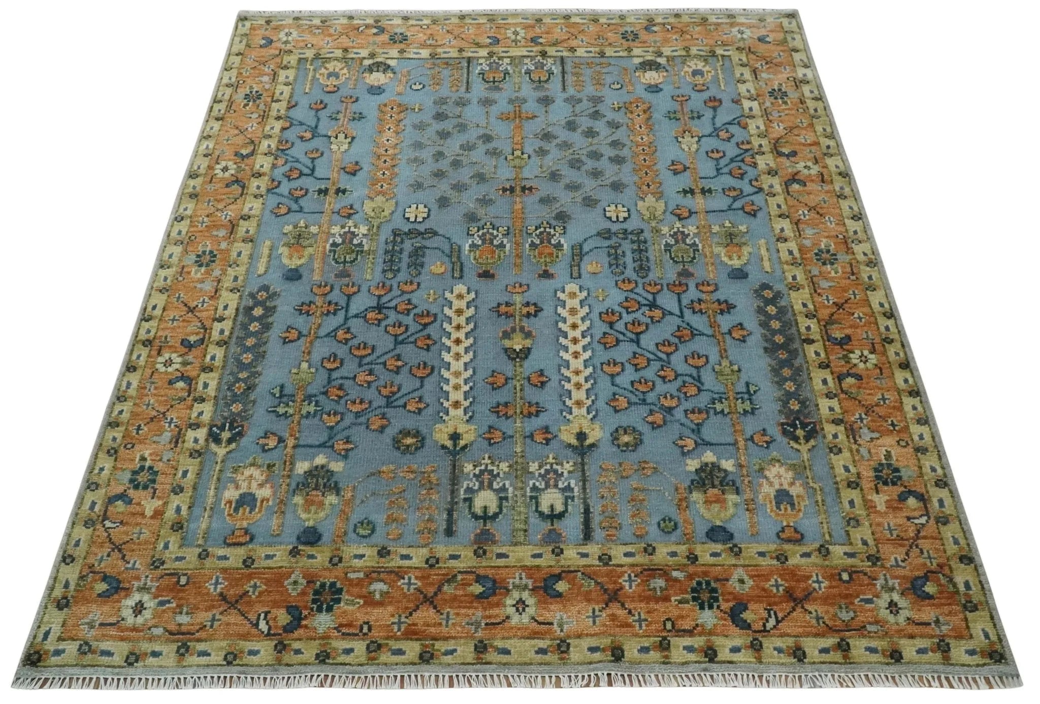 Custom Made Hand Knotted Blue and Rust Tree Design Low pile Wool Area Rug