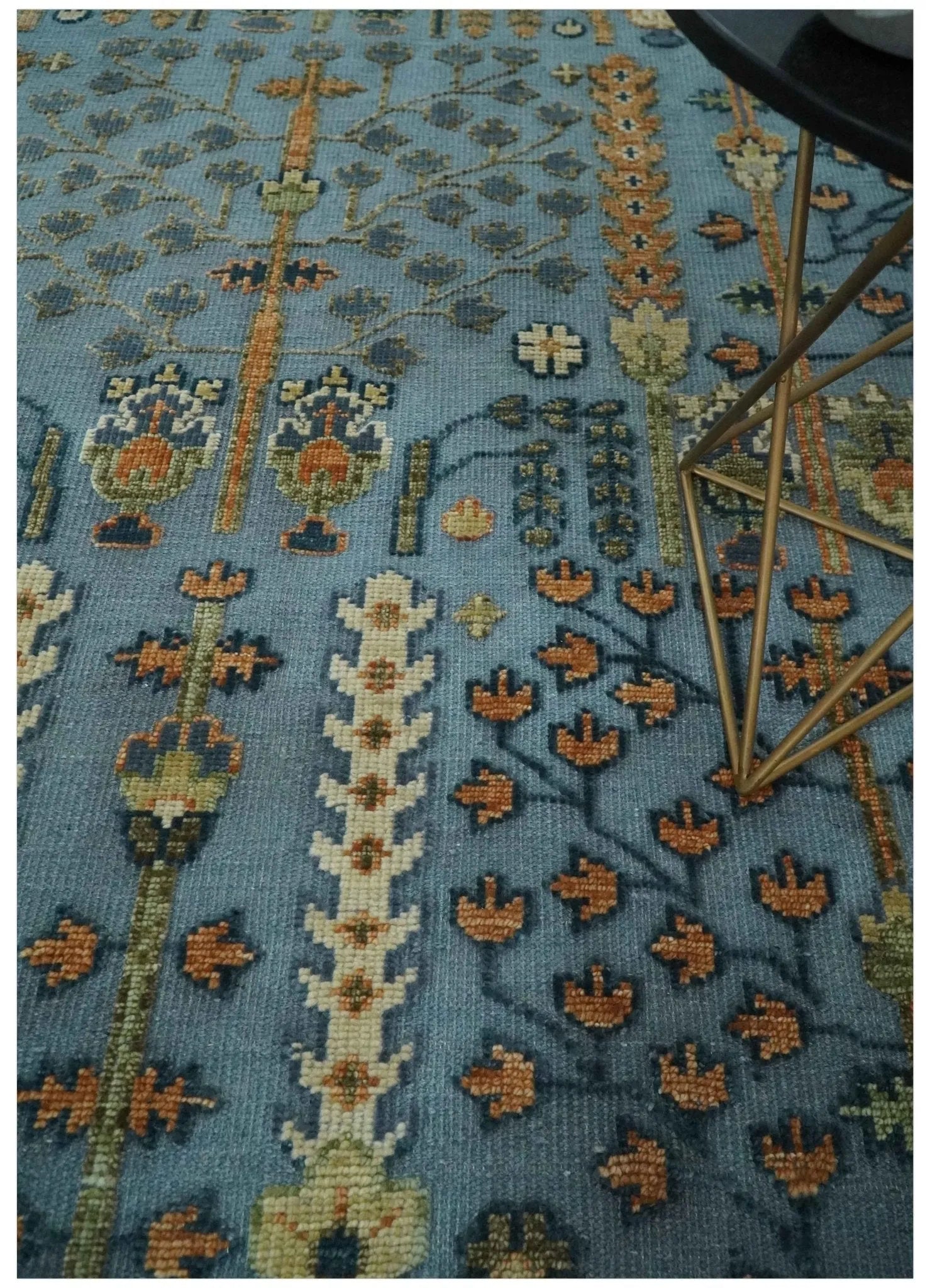 Custom Made Hand Knotted Blue and Rust Tree Design Low pile Wool Area Rug