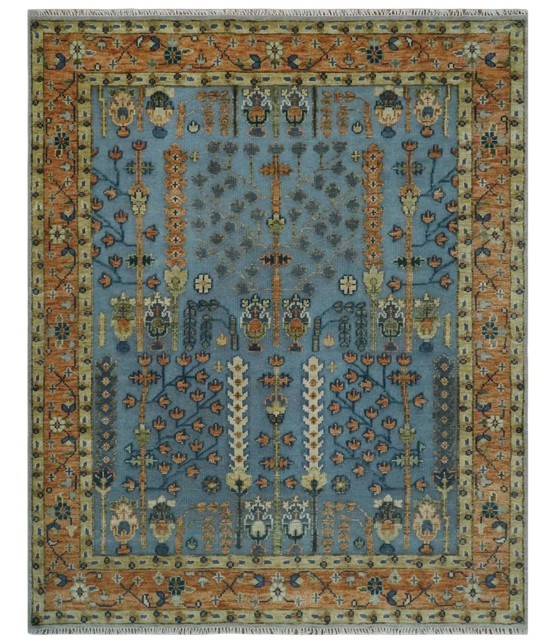 Custom Made Hand Knotted Blue and Rust Tree Design Low pile Wool Area Rug