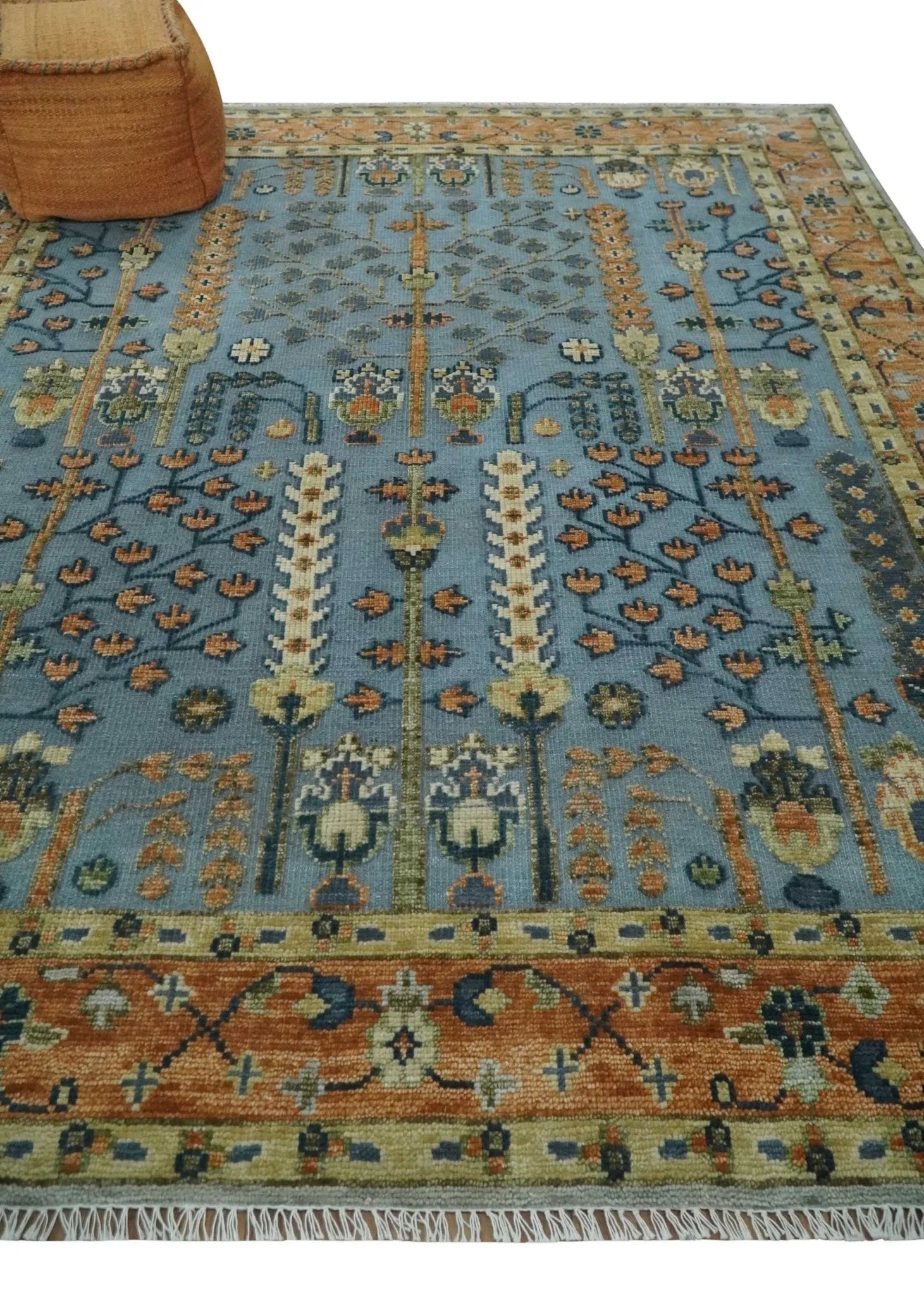 Custom Made Hand Knotted Blue and Rust Tree Design Low pile Wool Area Rug