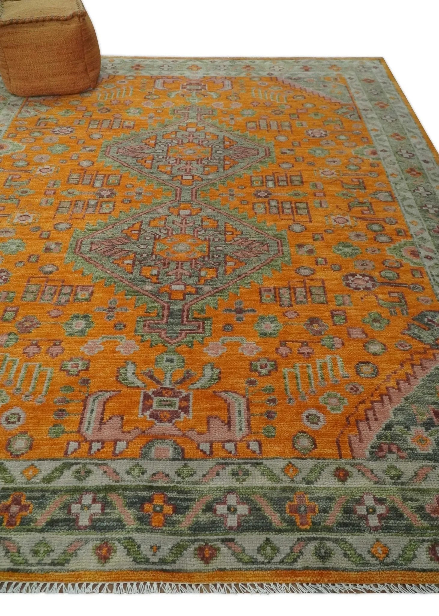 Custom Made Hand Knotted Carrot Red and Silver Oriental Traditional Wool Area Rug