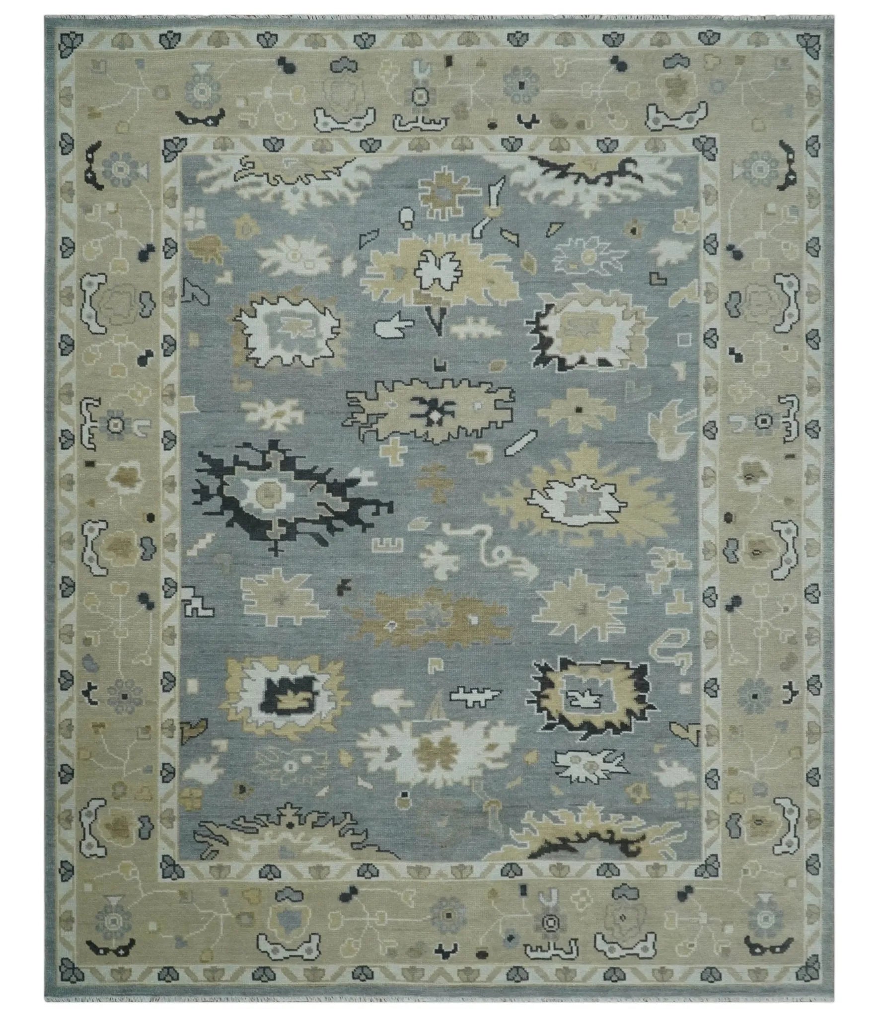 Custom Made Hand Knotted Silver and Beige Traditional Oushak Wool Area Rug