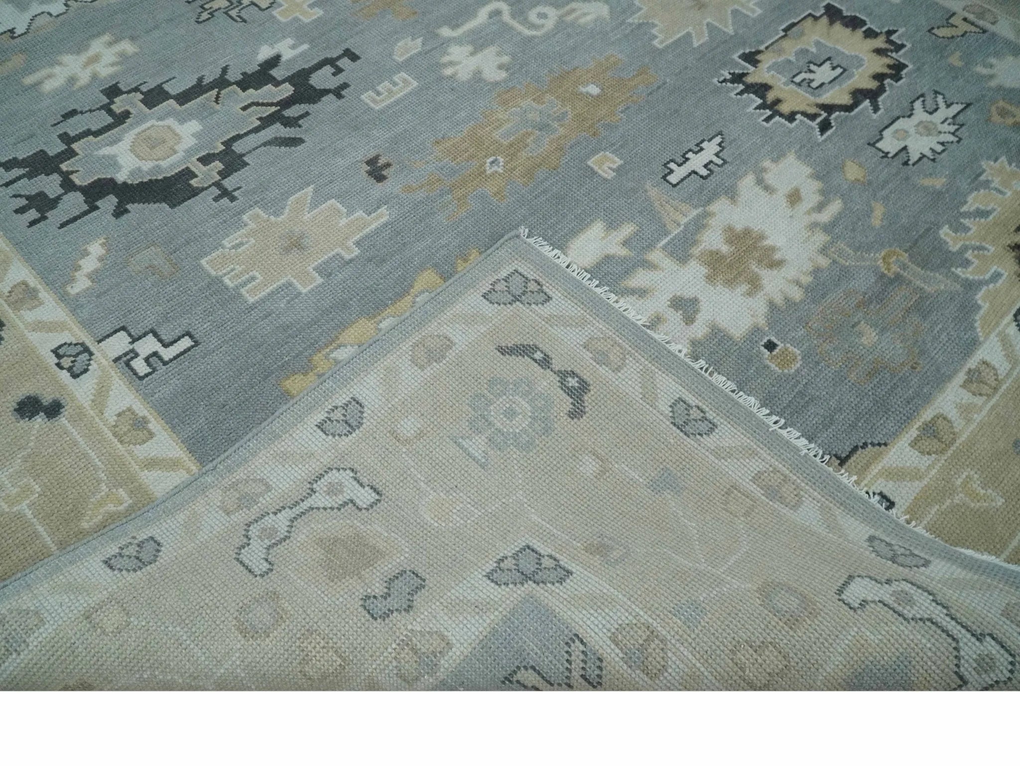 Custom Made Hand Knotted Silver and Beige Traditional Oushak Wool Area Rug