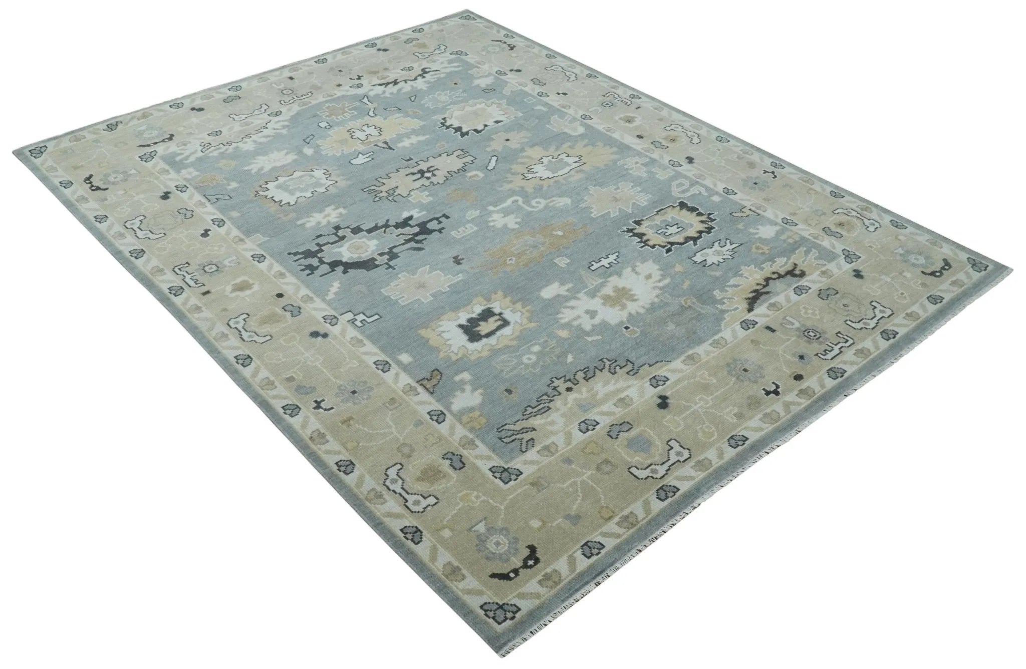 Custom Made Hand Knotted Silver and Beige Traditional Oushak Wool Area Rug