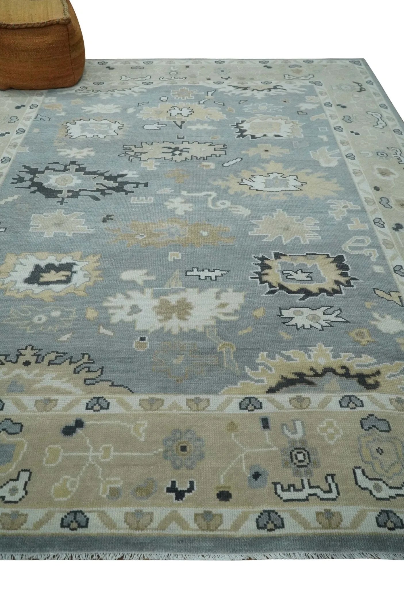 Custom Made Hand Knotted Silver and Beige Traditional Oushak Wool Area Rug