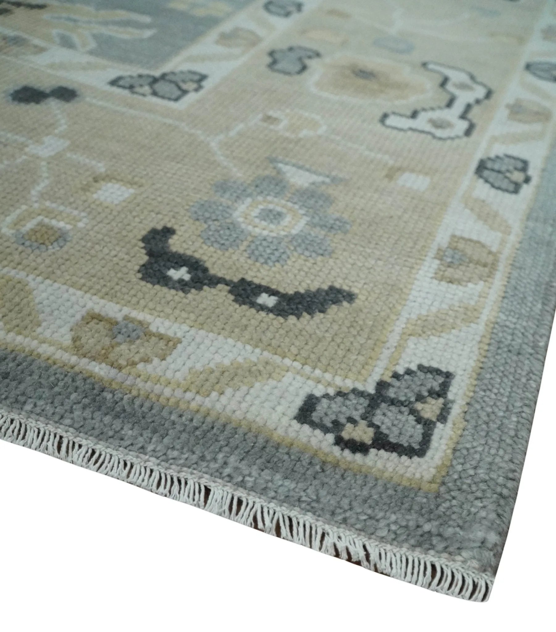 Custom Made Hand Knotted Silver and Beige Traditional Oushak Wool Area Rug