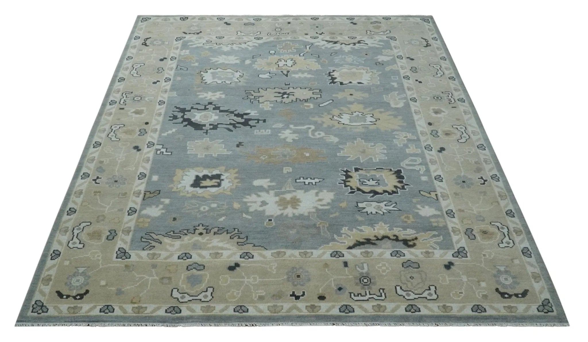 Custom Made Hand Knotted Silver and Beige Traditional Oushak Wool Area Rug