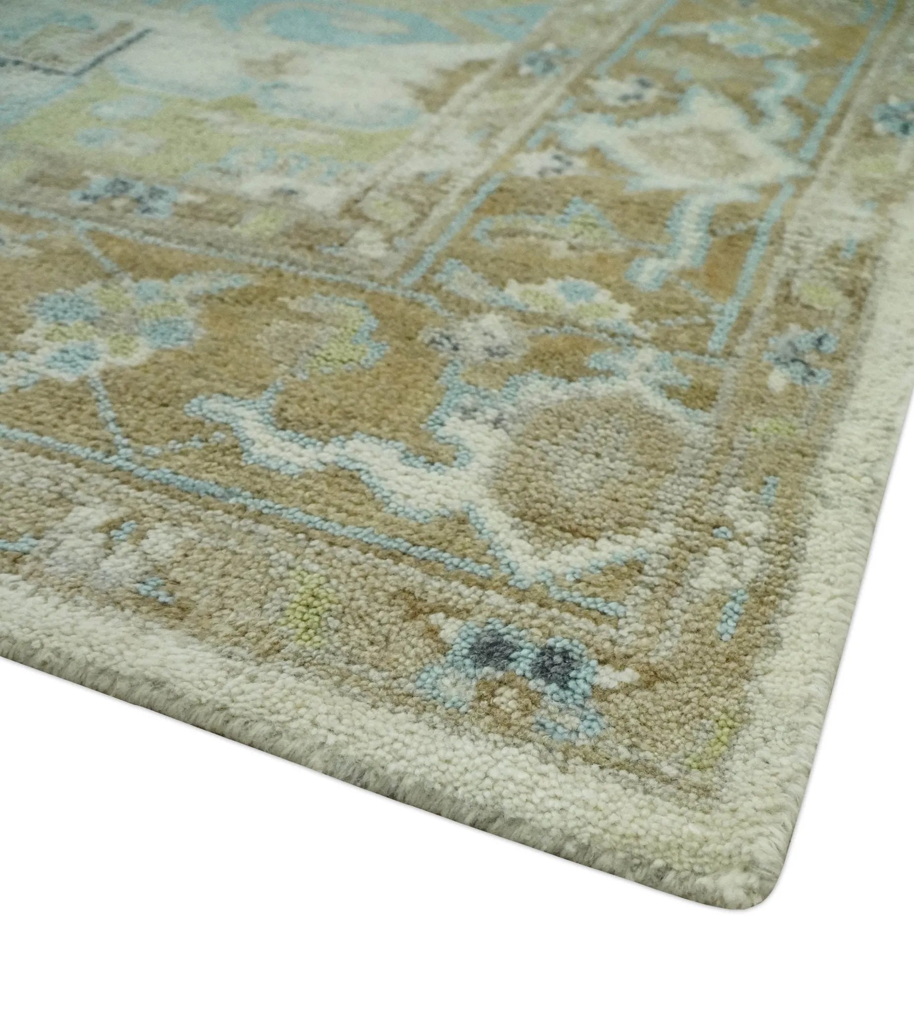 Custom Made Hand Knotted Ivory, Olive and Light Blue Traditional Wool Area Rug