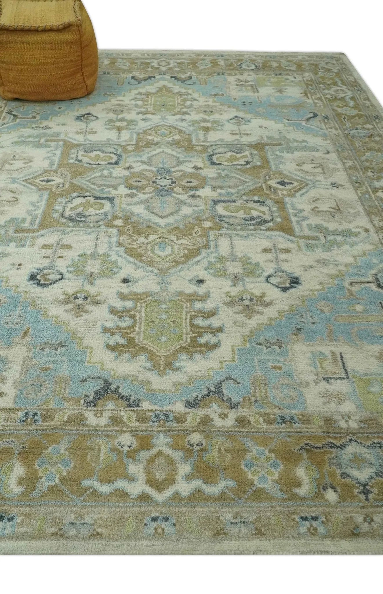 Custom Made Hand Knotted Ivory, Olive and Light Blue Traditional Wool Area Rug