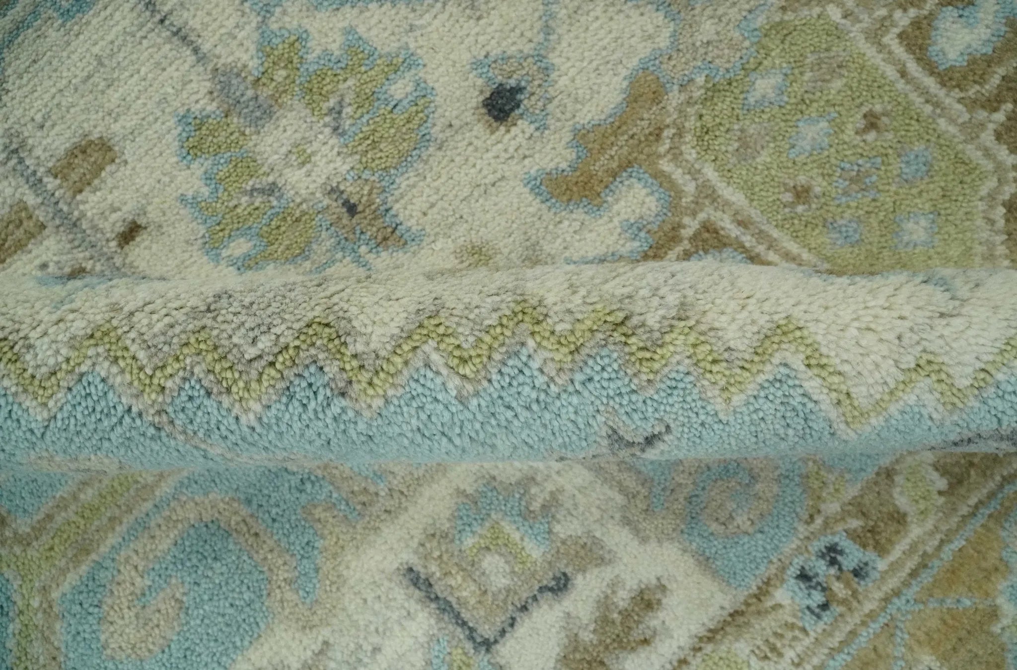 Custom Made Hand Knotted Ivory, Olive and Light Blue Traditional Wool Area Rug