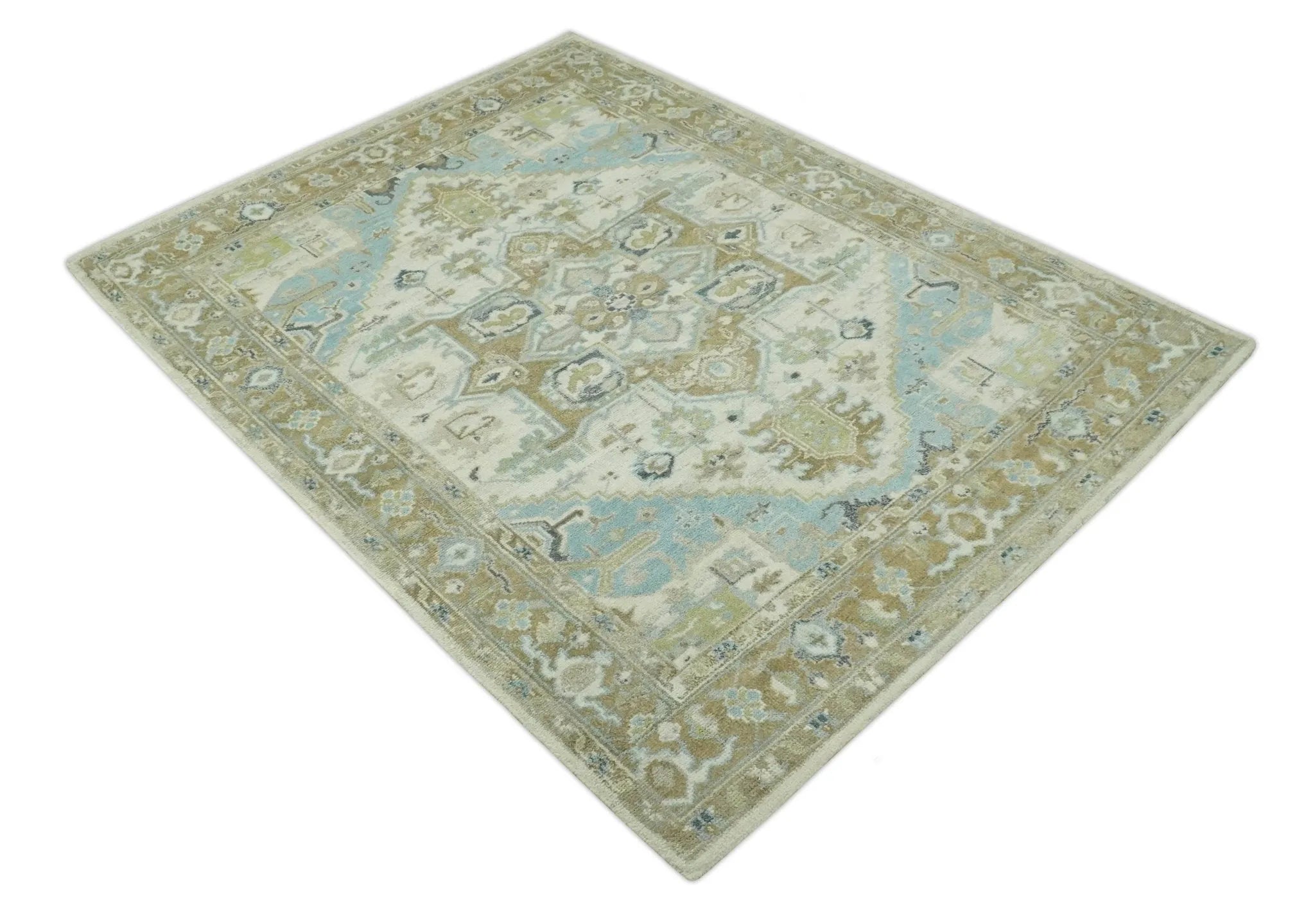 Custom Made Hand Knotted Ivory, Olive and Light Blue Traditional Wool Area Rug