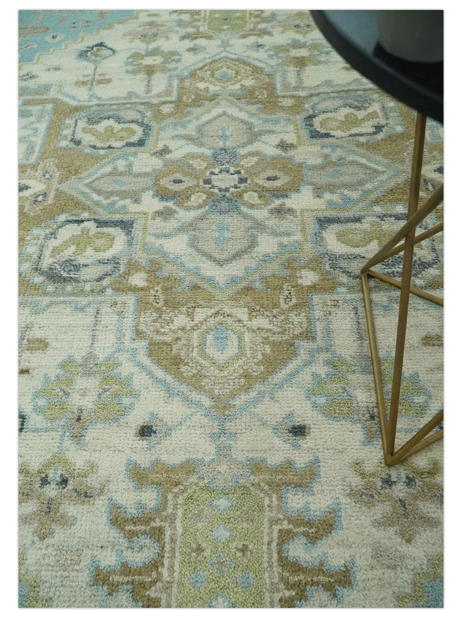 Custom Made Hand Knotted Ivory, Olive and Light Blue Traditional Wool Area Rug