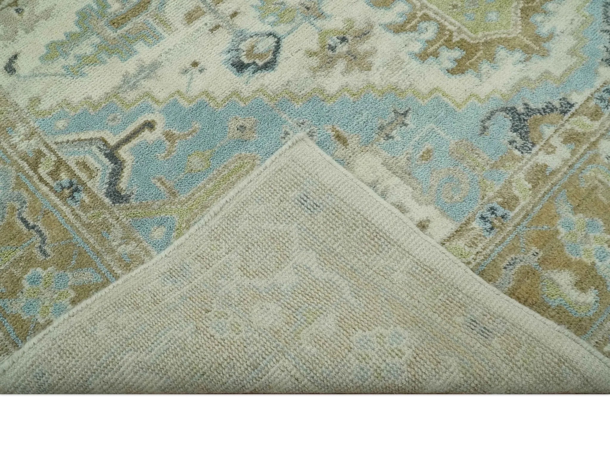 Custom Made Hand Knotted Ivory, Olive and Light Blue Traditional Wool Area Rug