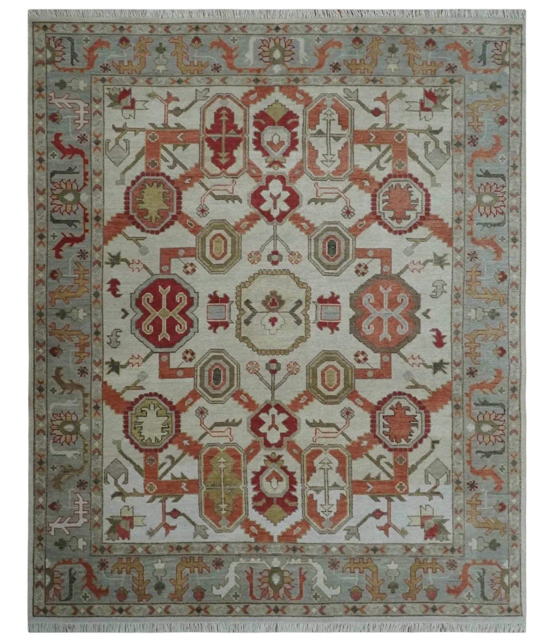 Custom Made Hand Knotted Ivory, Silver and Rust Traditional Wool Area Rug