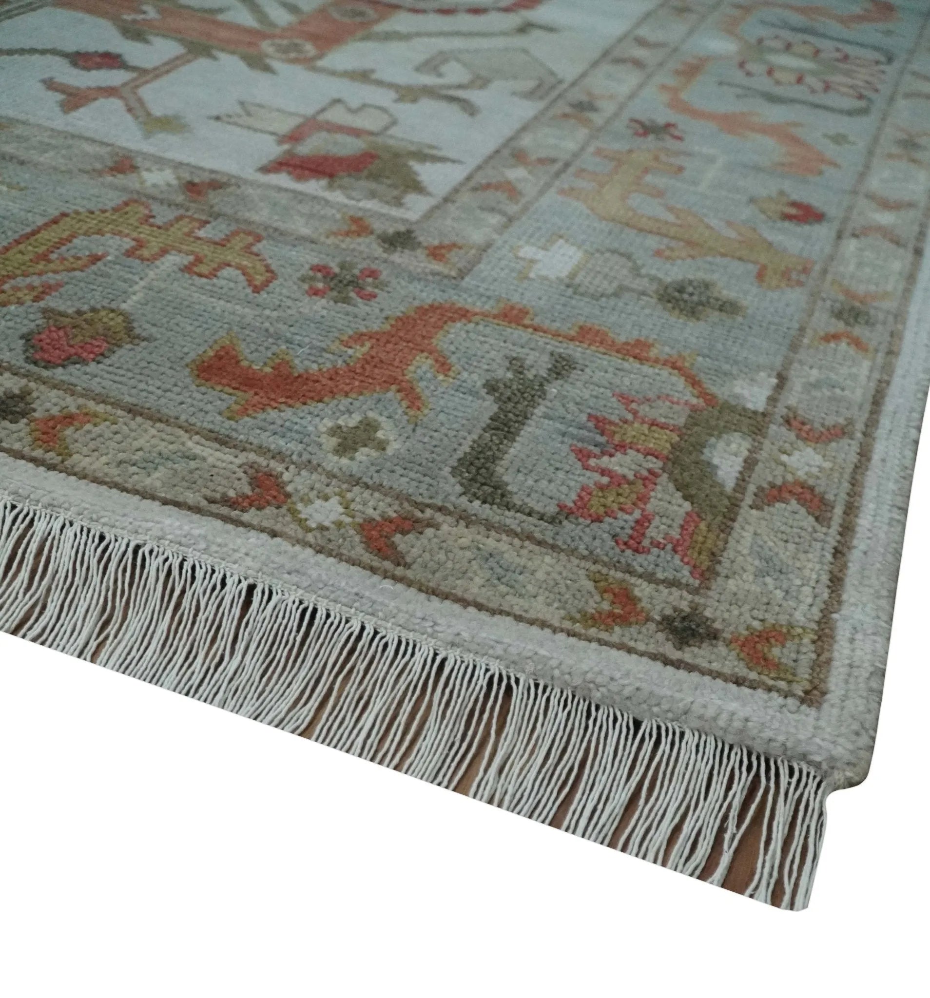 Custom Made Hand Knotted Ivory, Silver and Rust Traditional Wool Area Rug