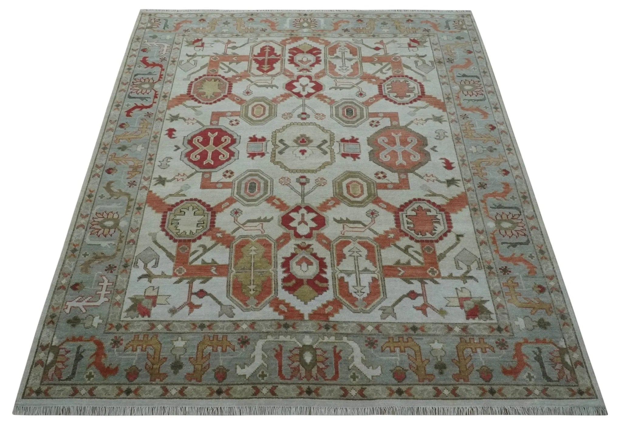 Custom Made Hand Knotted Ivory, Silver and Rust Traditional Wool Area Rug