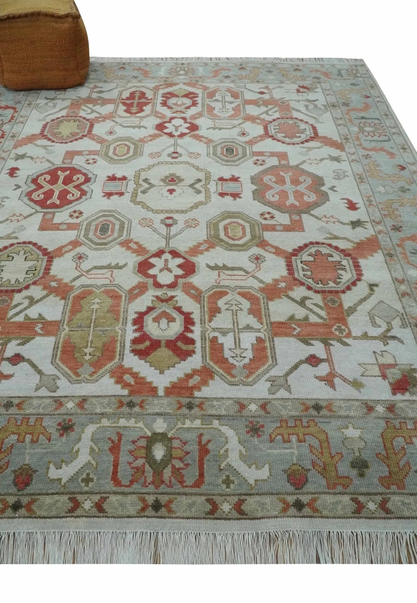 Custom Made Hand Knotted Ivory, Silver and Rust Traditional Wool Area Rug