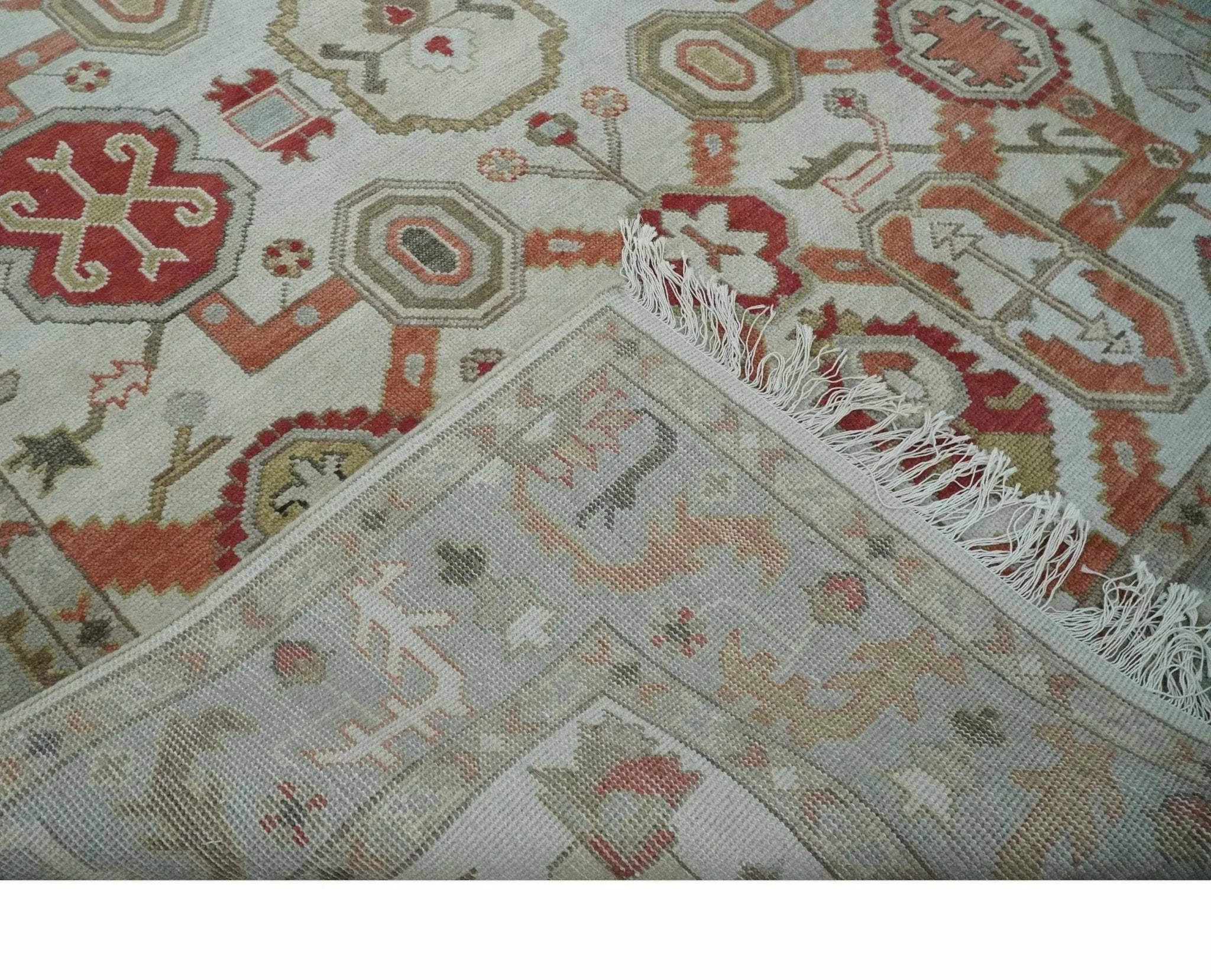 Custom Made Hand Knotted Ivory, Silver and Rust Traditional Wool Area Rug