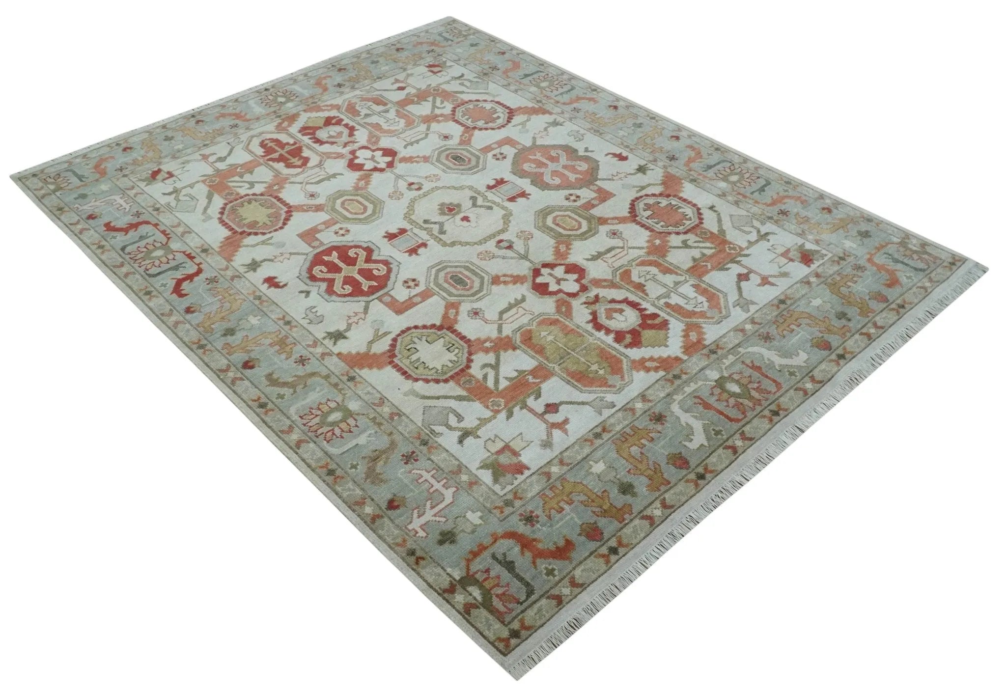 Custom Made Hand Knotted Ivory, Silver and Rust Traditional Wool Area Rug