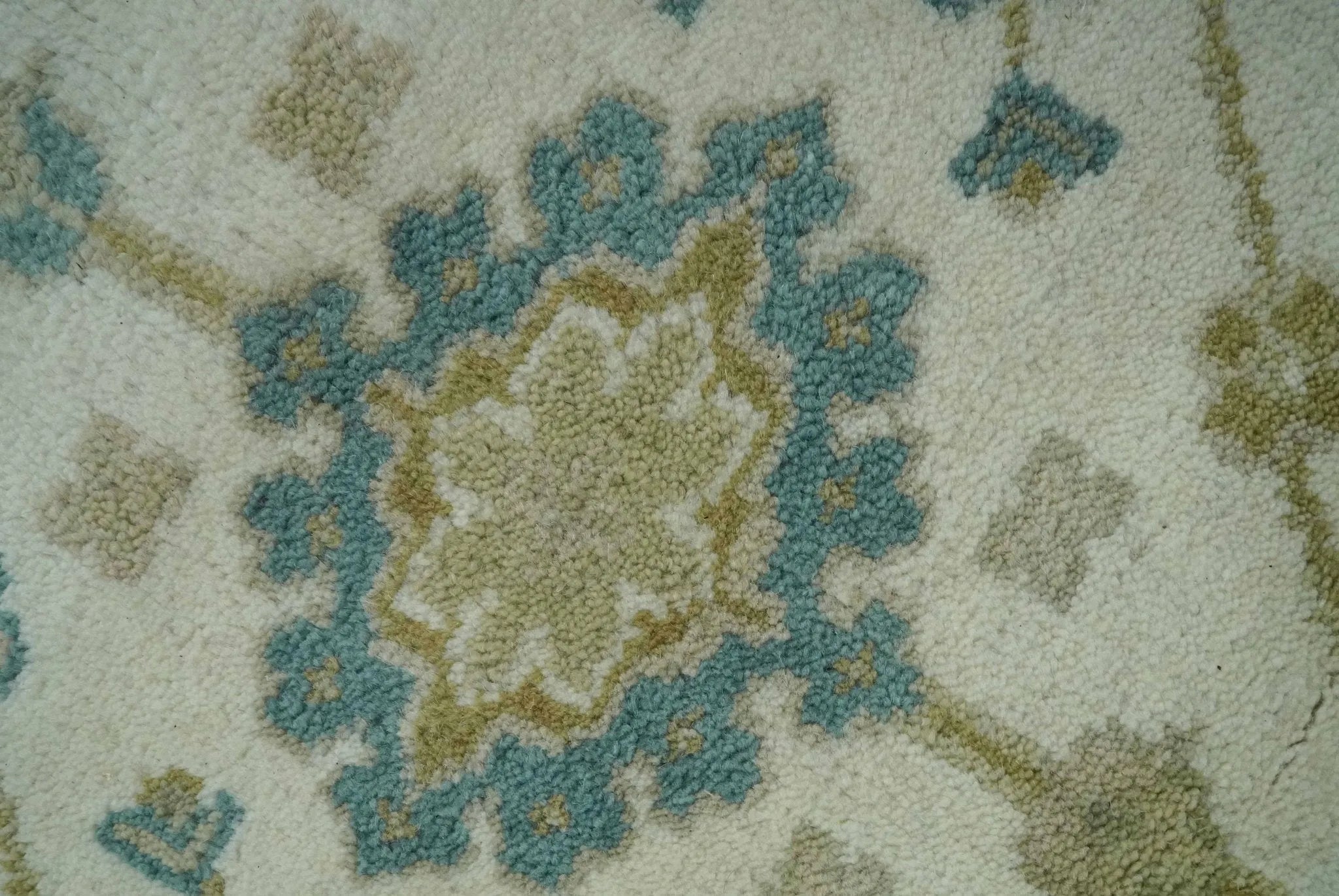 Custom Made Hand Knotted Ivory, Teal and Olive Traditional Oriental Oushak wool rug