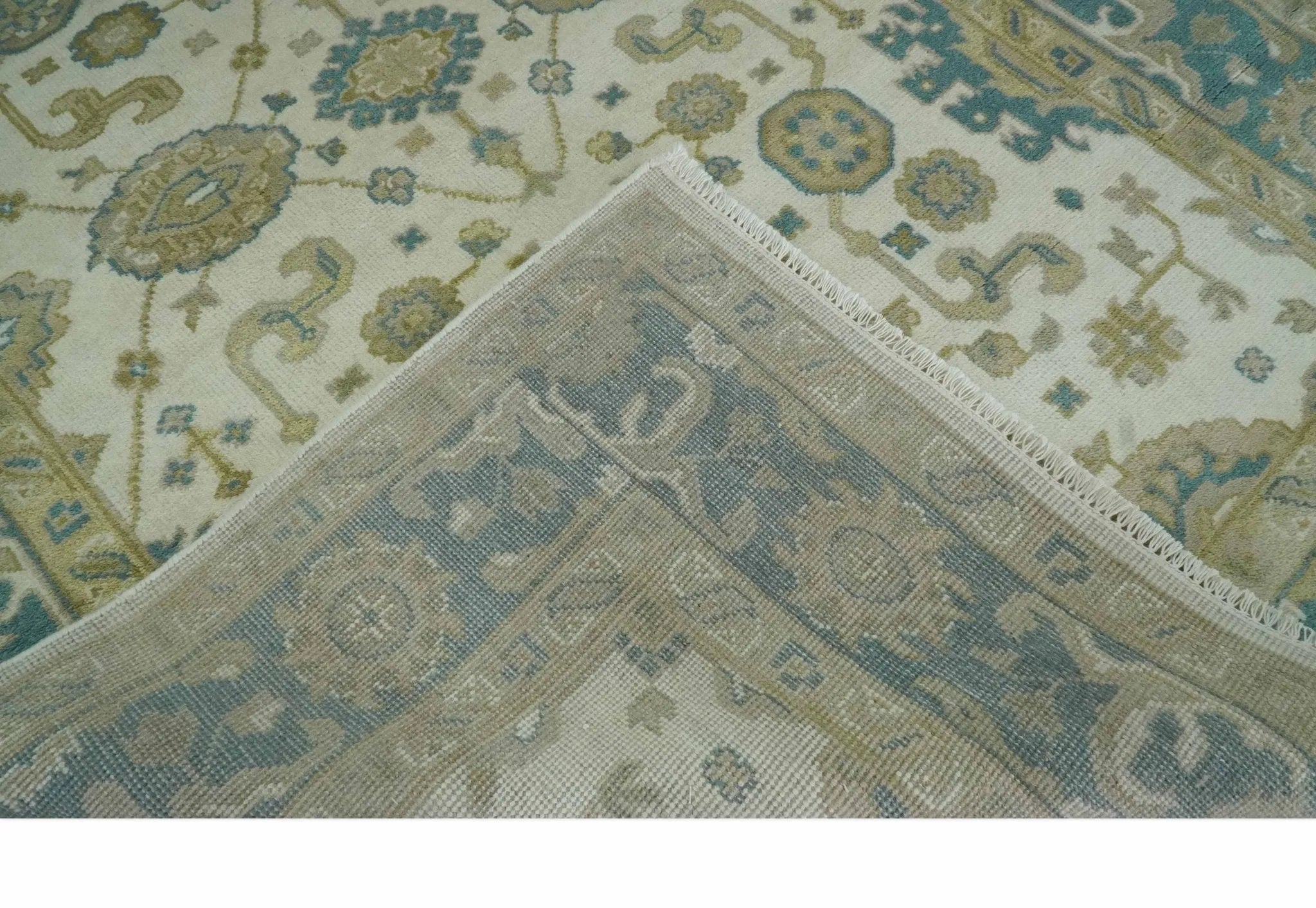 Custom Made Hand Knotted Ivory, Teal and Olive Traditional Oriental Oushak wool rug