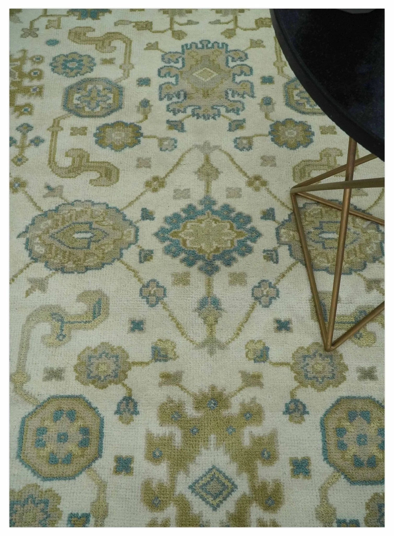 Custom Made Hand Knotted Ivory, Teal and Olive Traditional Oriental Oushak wool rug