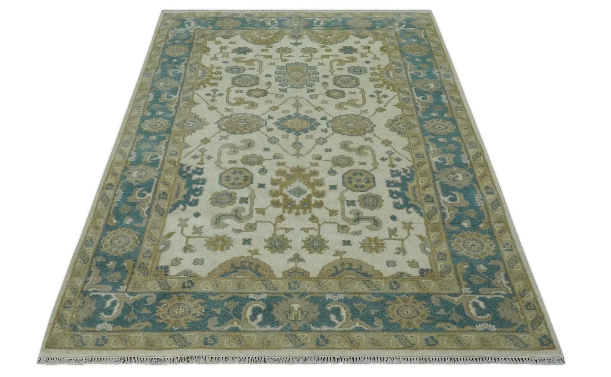 Custom Made Hand Knotted Ivory, Teal and Olive Traditional Oriental Oushak wool rug