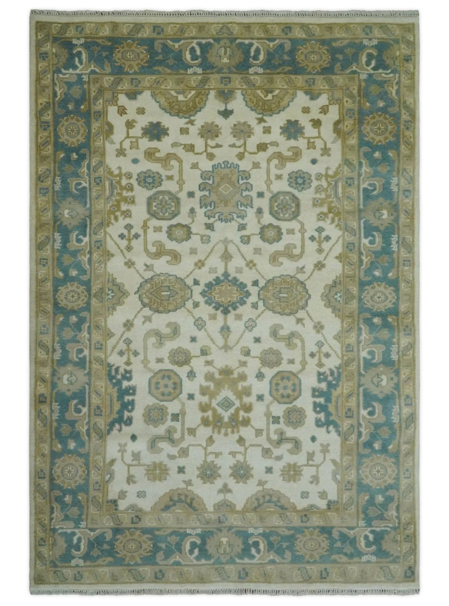 Custom Made Hand Knotted Ivory, Teal and Olive Traditional Oriental Oushak wool rug