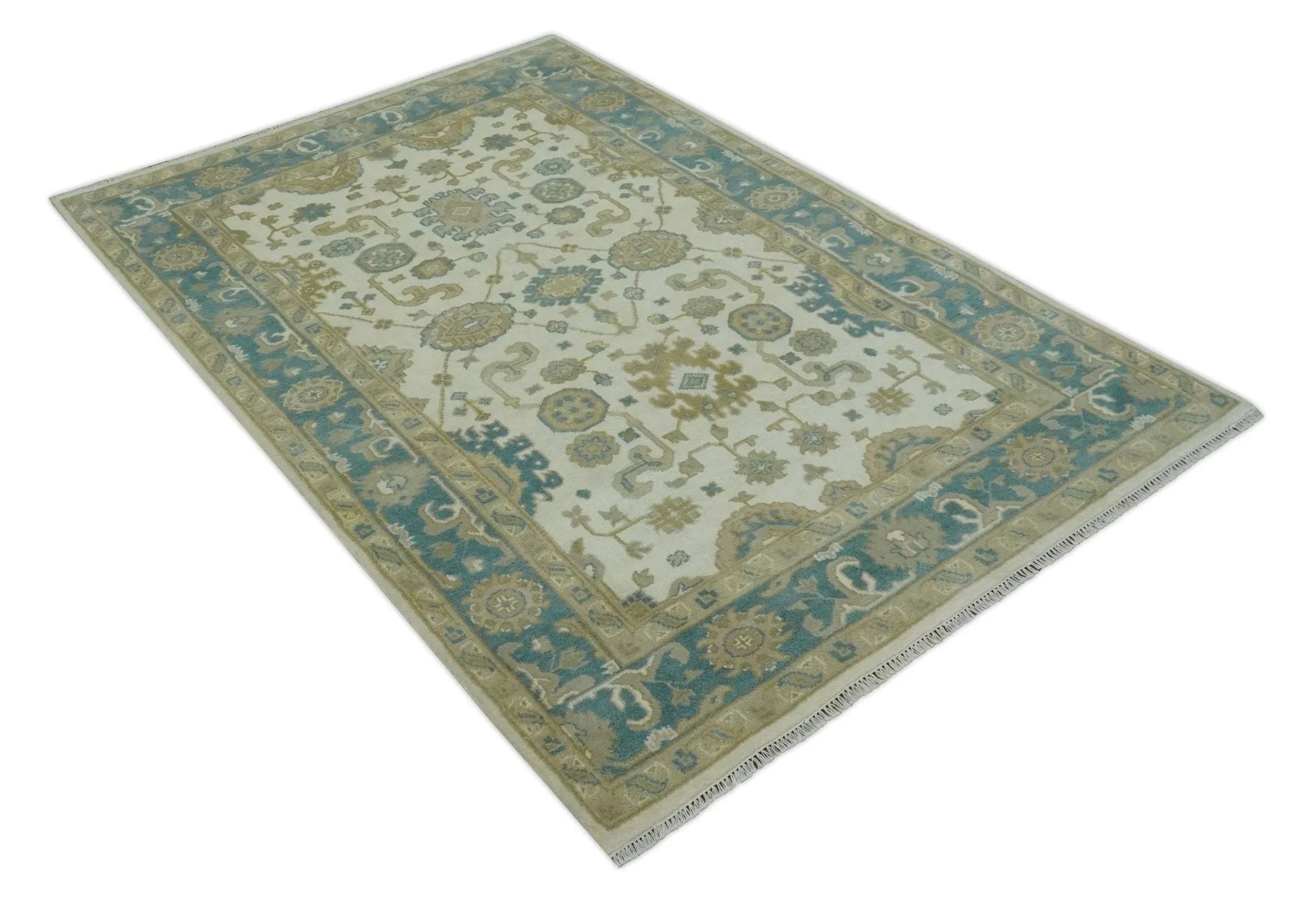 Custom Made Hand Knotted Ivory, Teal and Olive Traditional Oriental Oushak wool rug