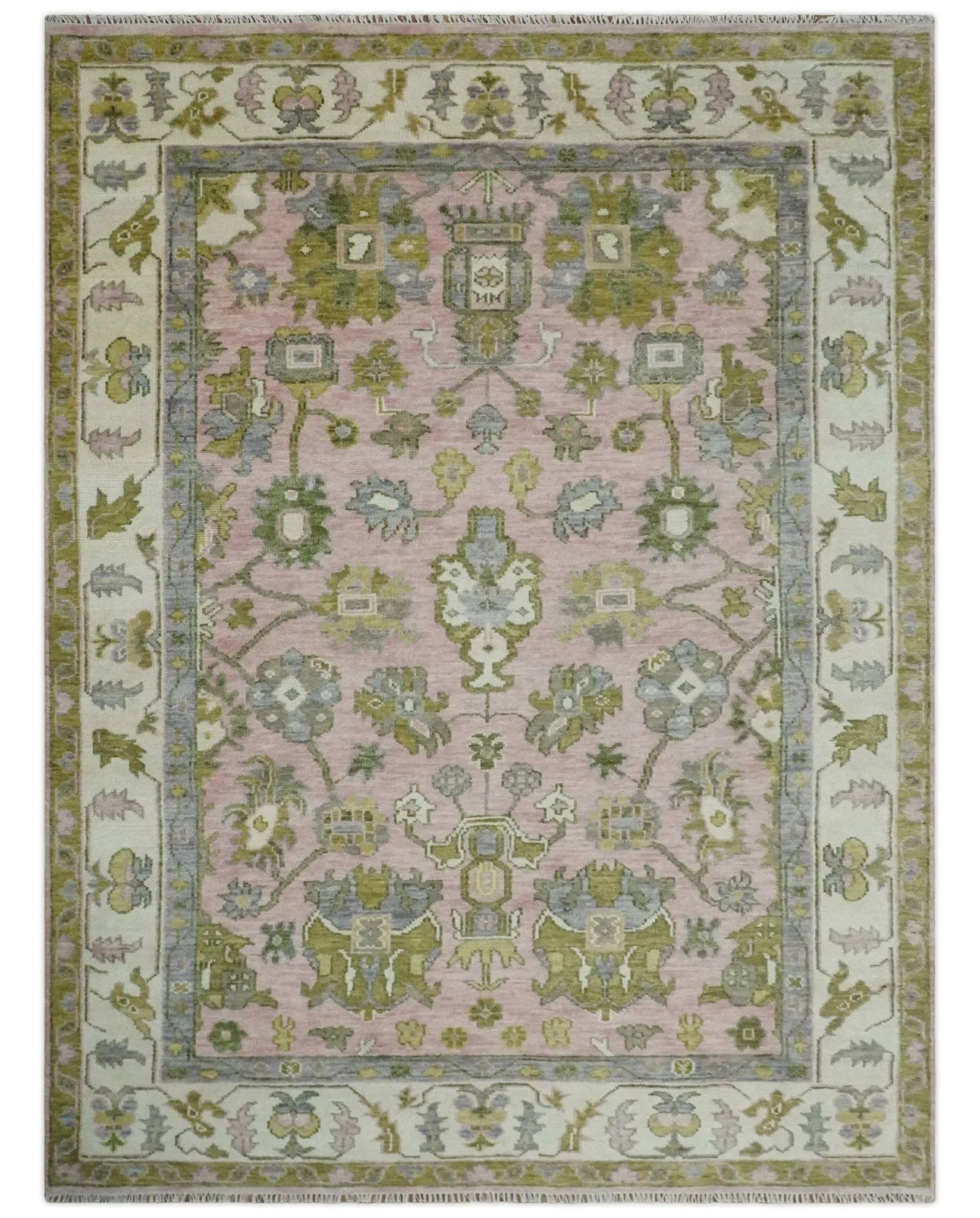 Custom Made Hand Knotted Peach, Ivory and Olive Traditional Style Wool Area Rug