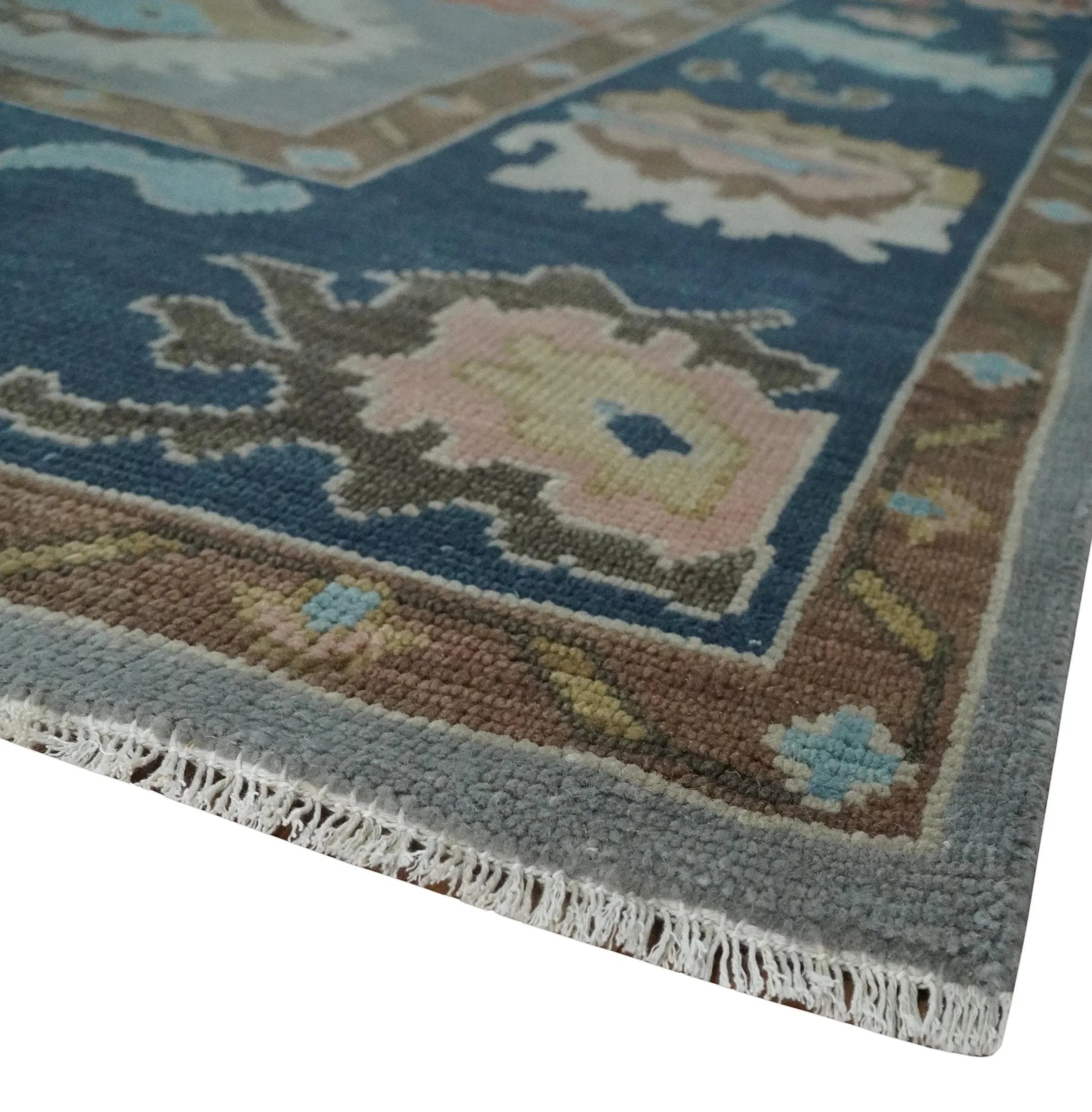 Custom Made Hand Knotted Silver and Blue Colorful Traditional Oushak Wool Area Rug