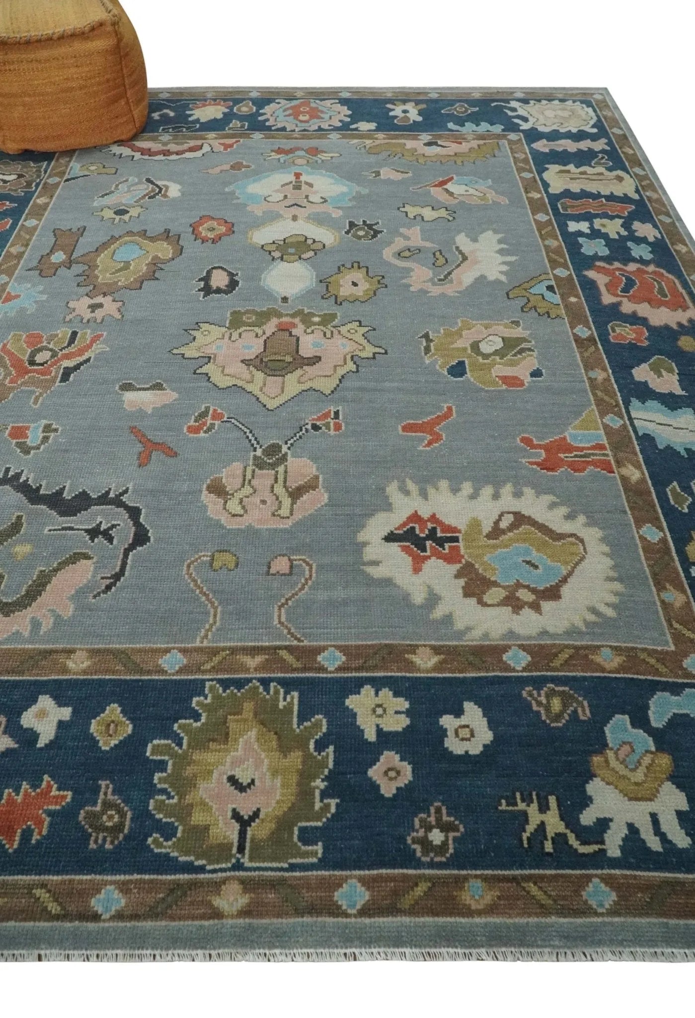 Custom Made Hand Knotted Silver and Blue Colorful Traditional Oushak Wool Area Rug