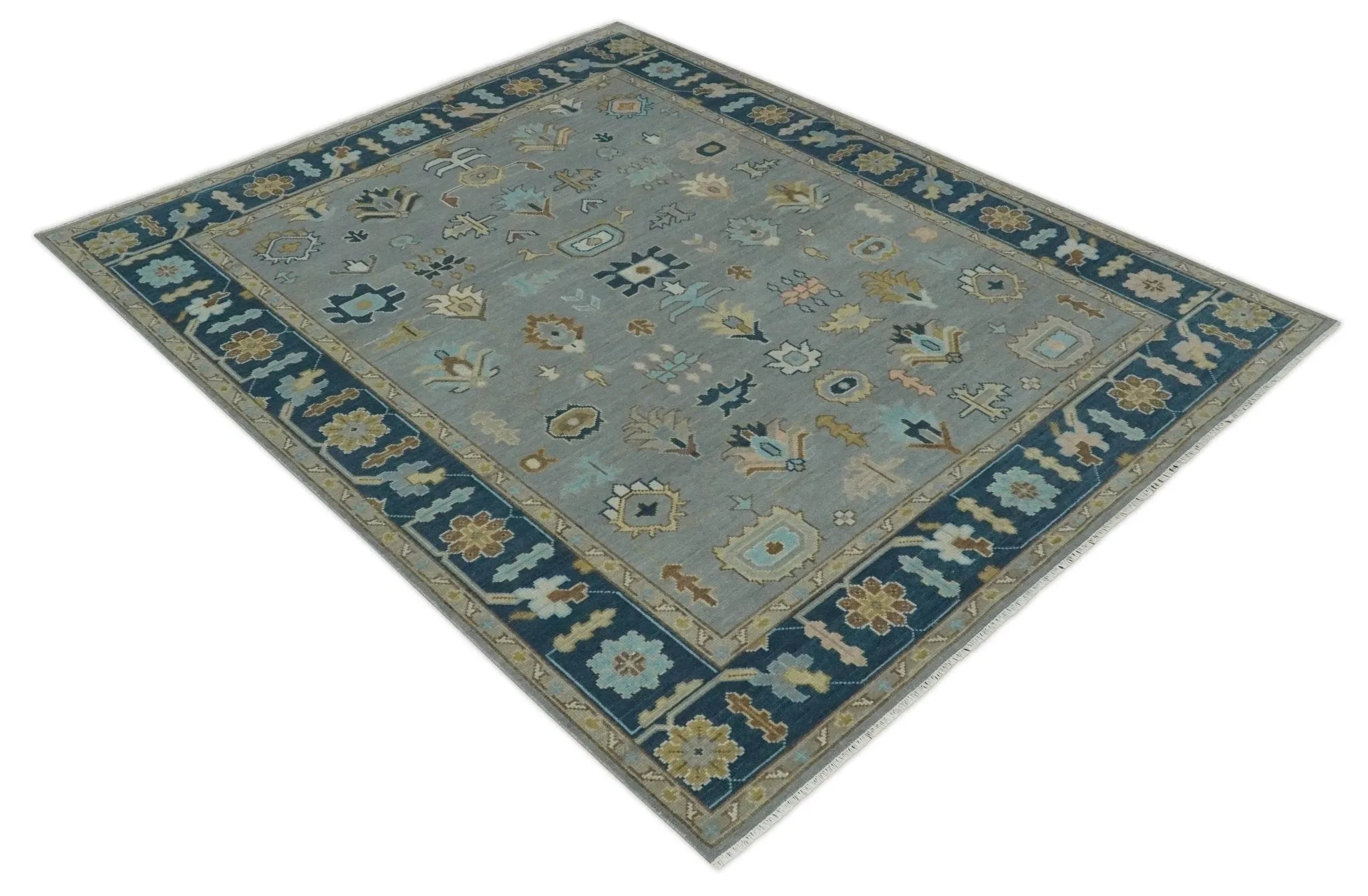 Custom Made Hand knotted Silver and Blue Traditional Oushak wool Area Rug