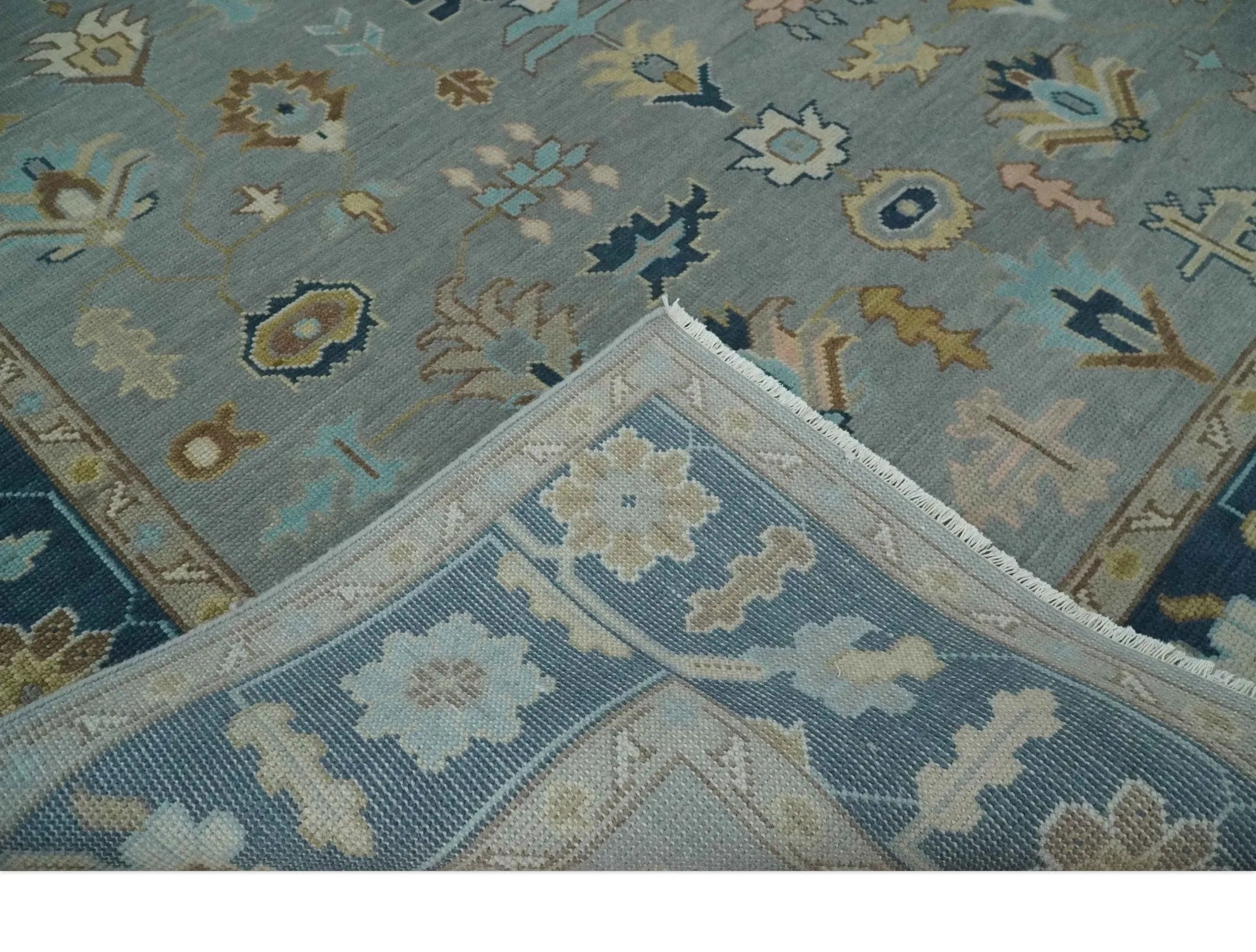 Custom Made Hand knotted Silver and Blue Traditional Oushak wool Area Rug